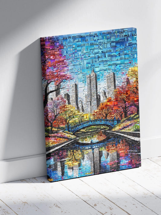 Stunning Cityscape Mosaic Art - Reflective Skyline with Autumn Colors for Modern Decor AtelierMosaics