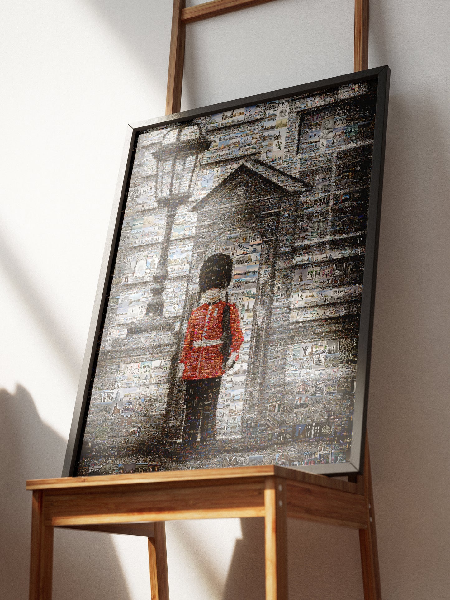 Stunning Mosaic Artwork: Iconic London Guard in a Vibrant Collage of City Landmarks AtelierMosaics