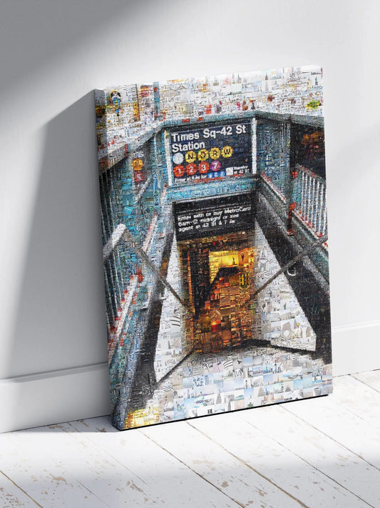 Canvas print of Times Square subway station entrance on a white wall.