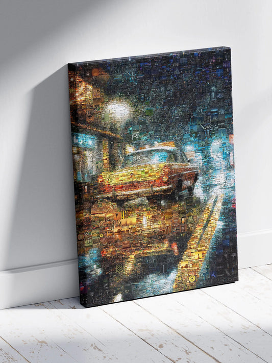 Stunning Mosaic Art of a Yellow Taxi Cab in Rainy Night - Unique Wall Decor for Home & Office AtelierMosaics