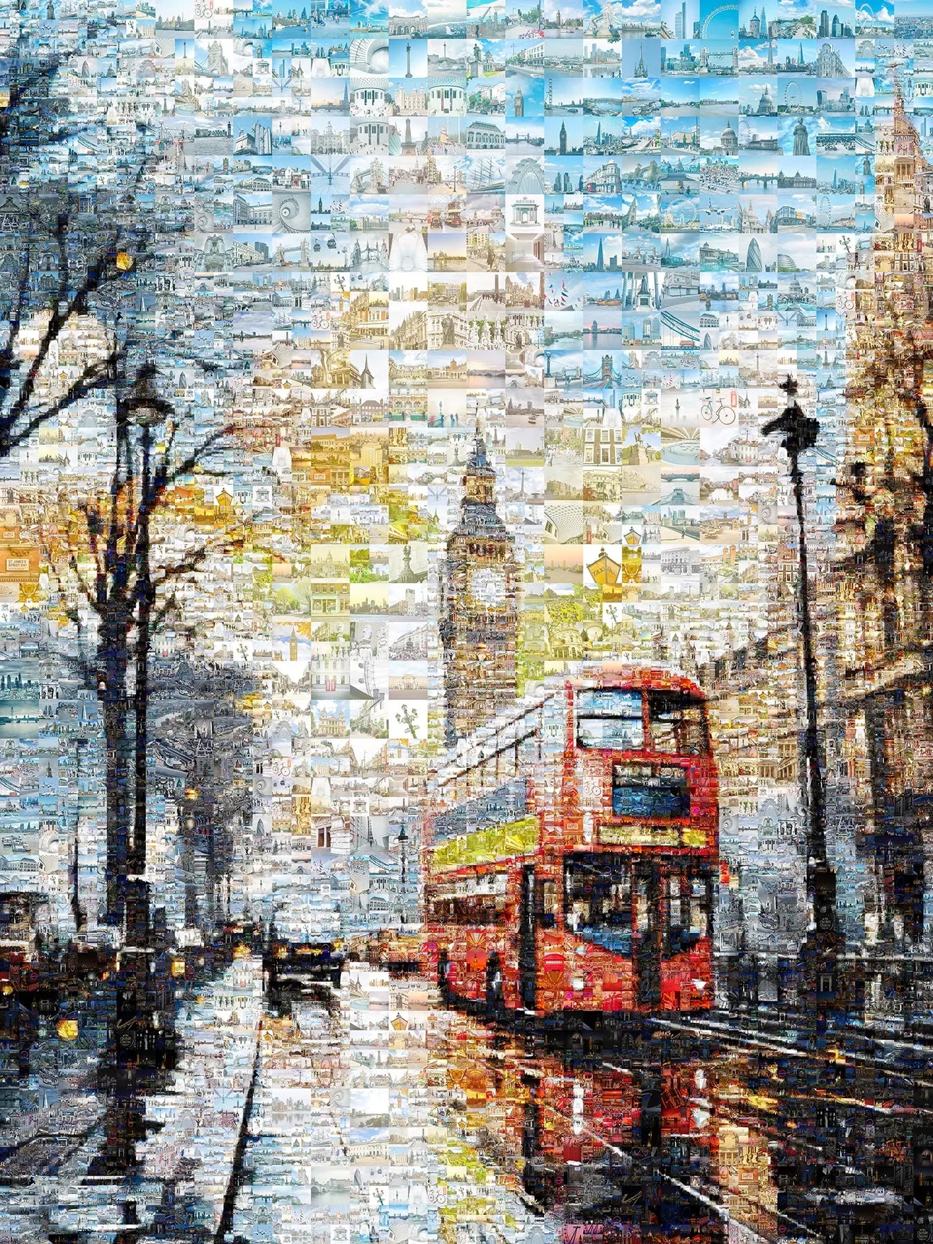 Stunning London Mosaic Artwork Featuring Iconic Landmarks and Red Double-Decker Bus AtelierMosaics