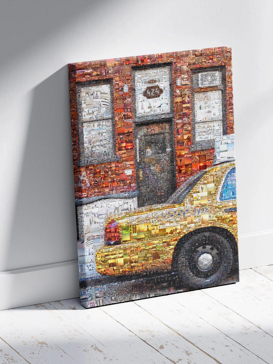 Stunning Urban Mosaic Artwork - Vibrant Yellow Taxi with Iconic Cityscapes - Perfect for Home Decor AtelierMosaics