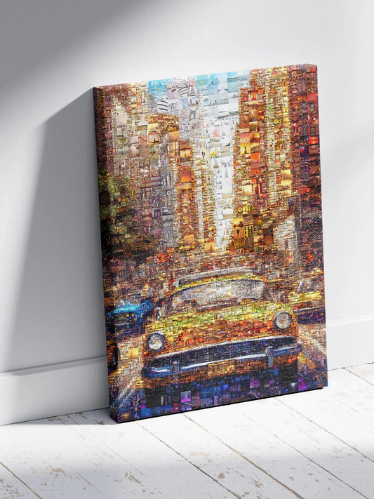 Vibrant Mosaic Artwork: Classic Yellow Cab in Cityscape | Stunning Multi-Image Collage for Home Decor AtelierMosaics