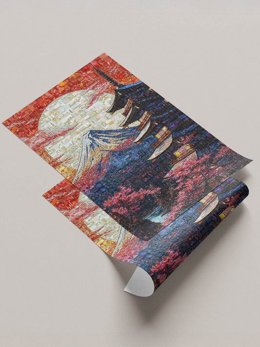 Mount Fuji pagoda Japanese mosaic canvas - Japanese landmark wall art