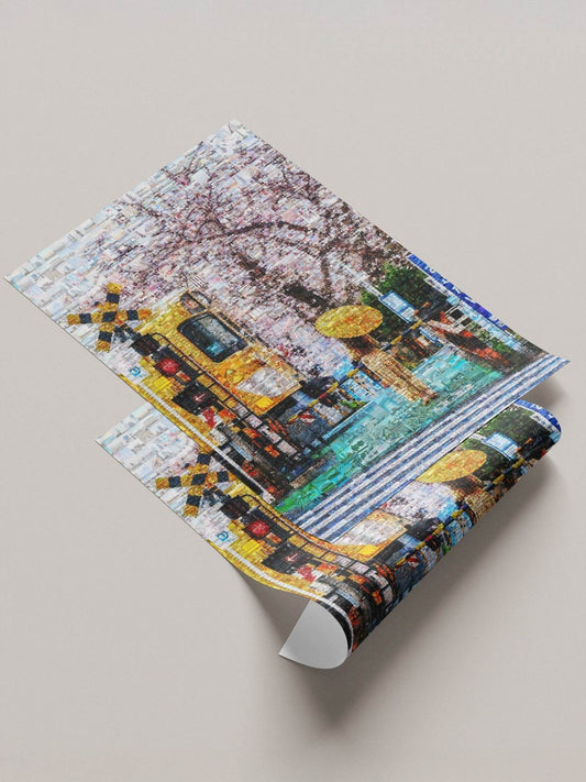 Tokyo spring train Japanese mosaic canvas - Japanese sakura train wall art