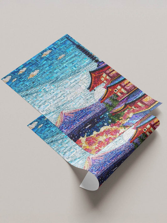 Mount Fuji pagoda Japanese spring mosaic canvas - Japanese sakura wall art