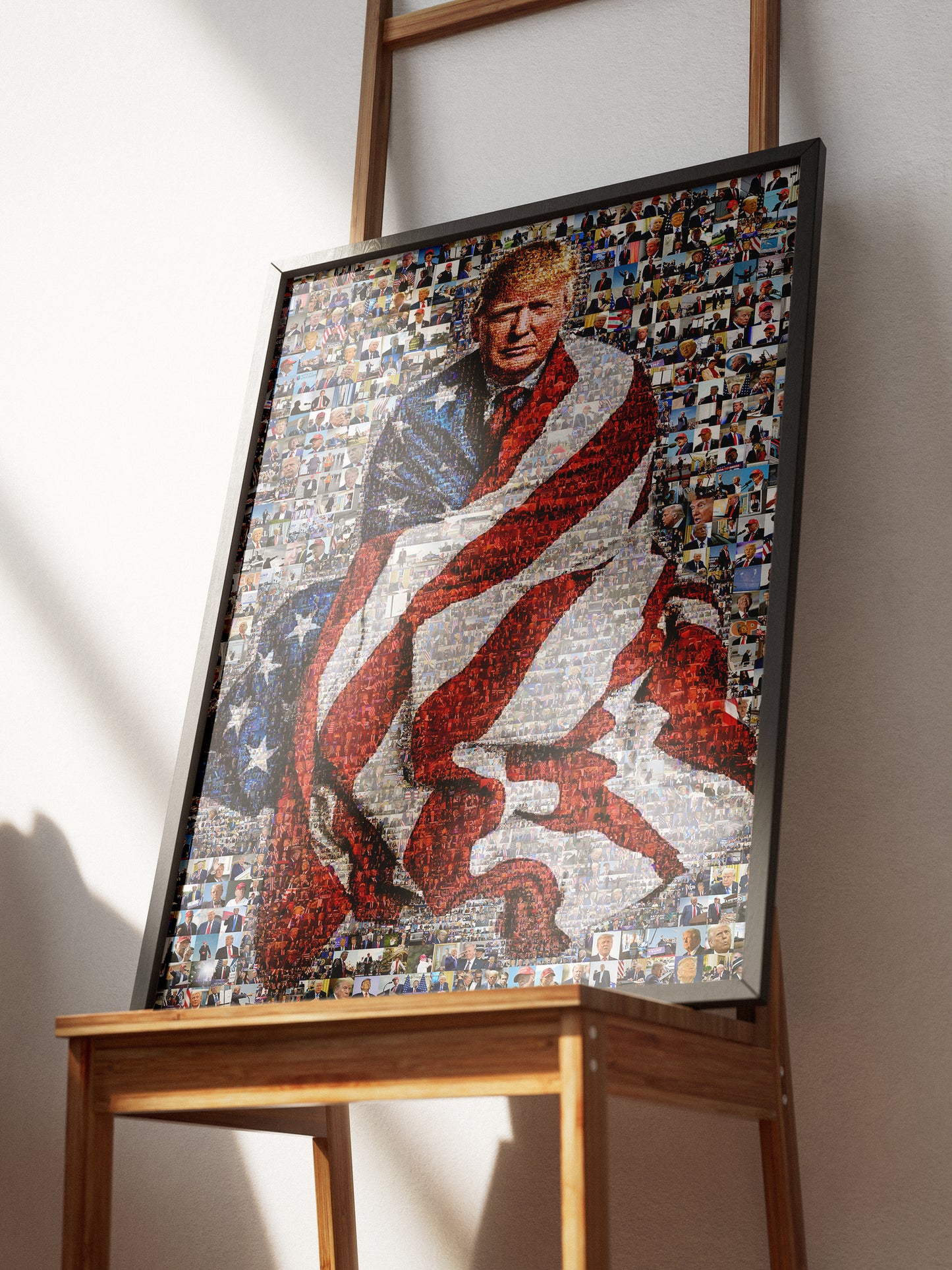 Stunning Mosaic Portrait of Donald Trump Wrapped in American Flag - Unique Wall Art for Patriotic Decor AtelierMosaics