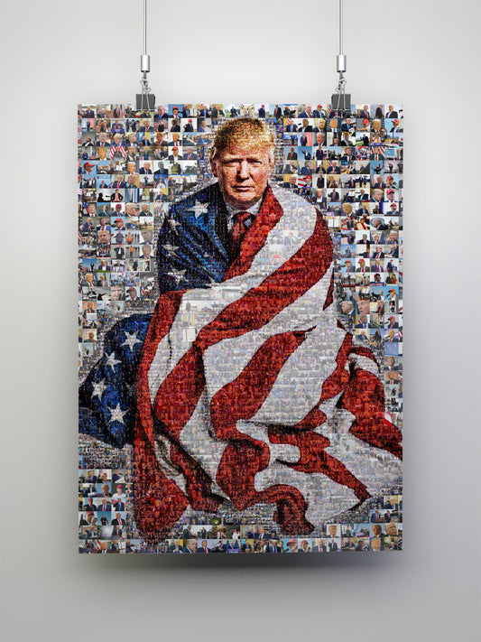 Stunning Mosaic Portrait of Donald Trump Wrapped in American Flag - Unique Wall Art for Patriotic Decor AtelierMosaics