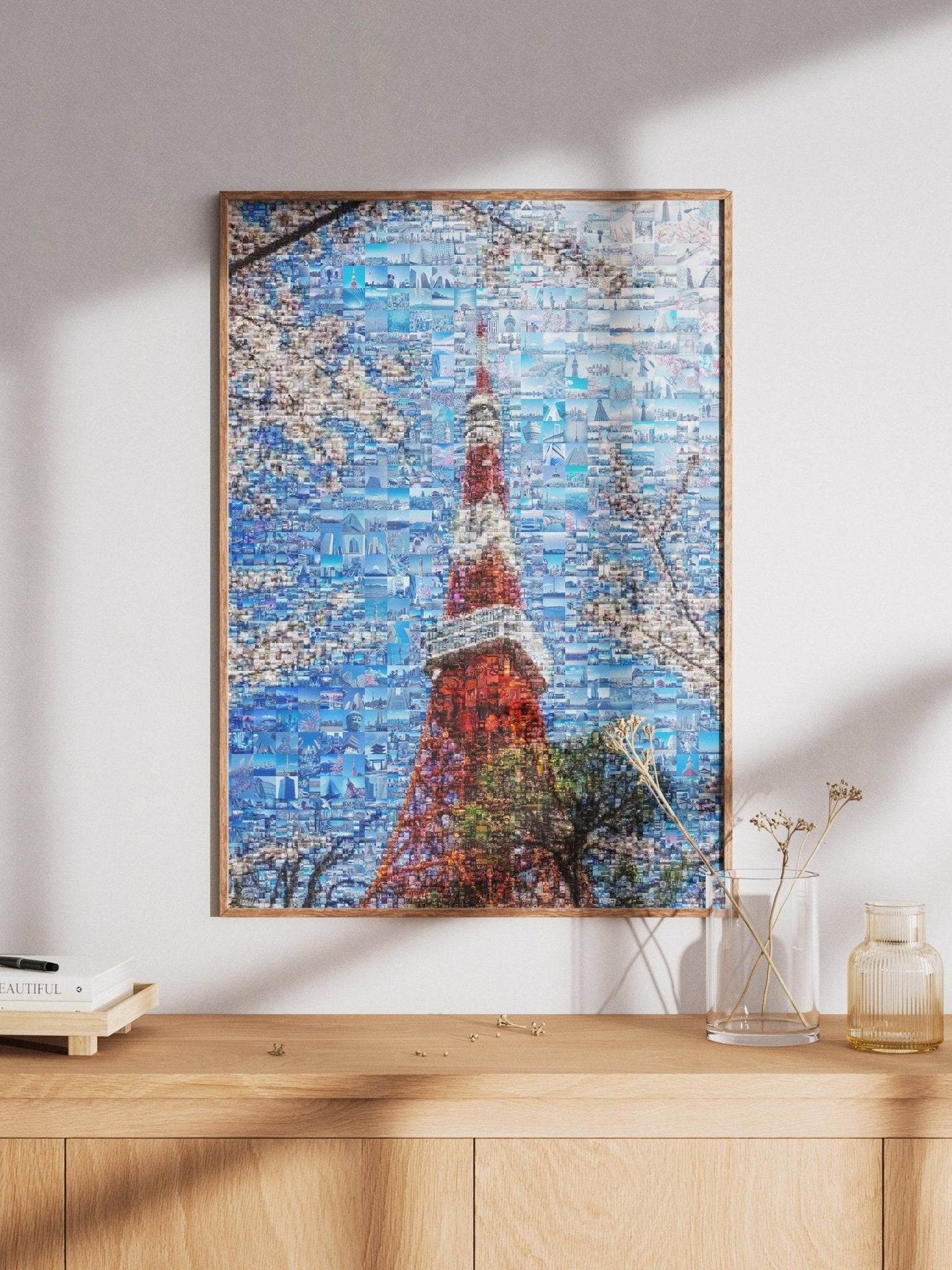 Tokyo Tower & Sakura – Japanese Spring Mosaic Wall Art - AtelierMosaics