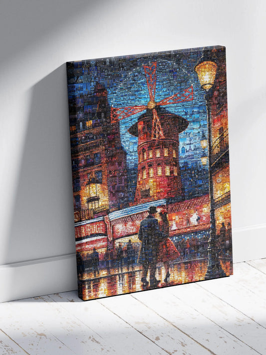 Stunning Paris Mosaic Artwork: Captivating Nighttime Scene of the Moulin Rouge AtelierMosaics