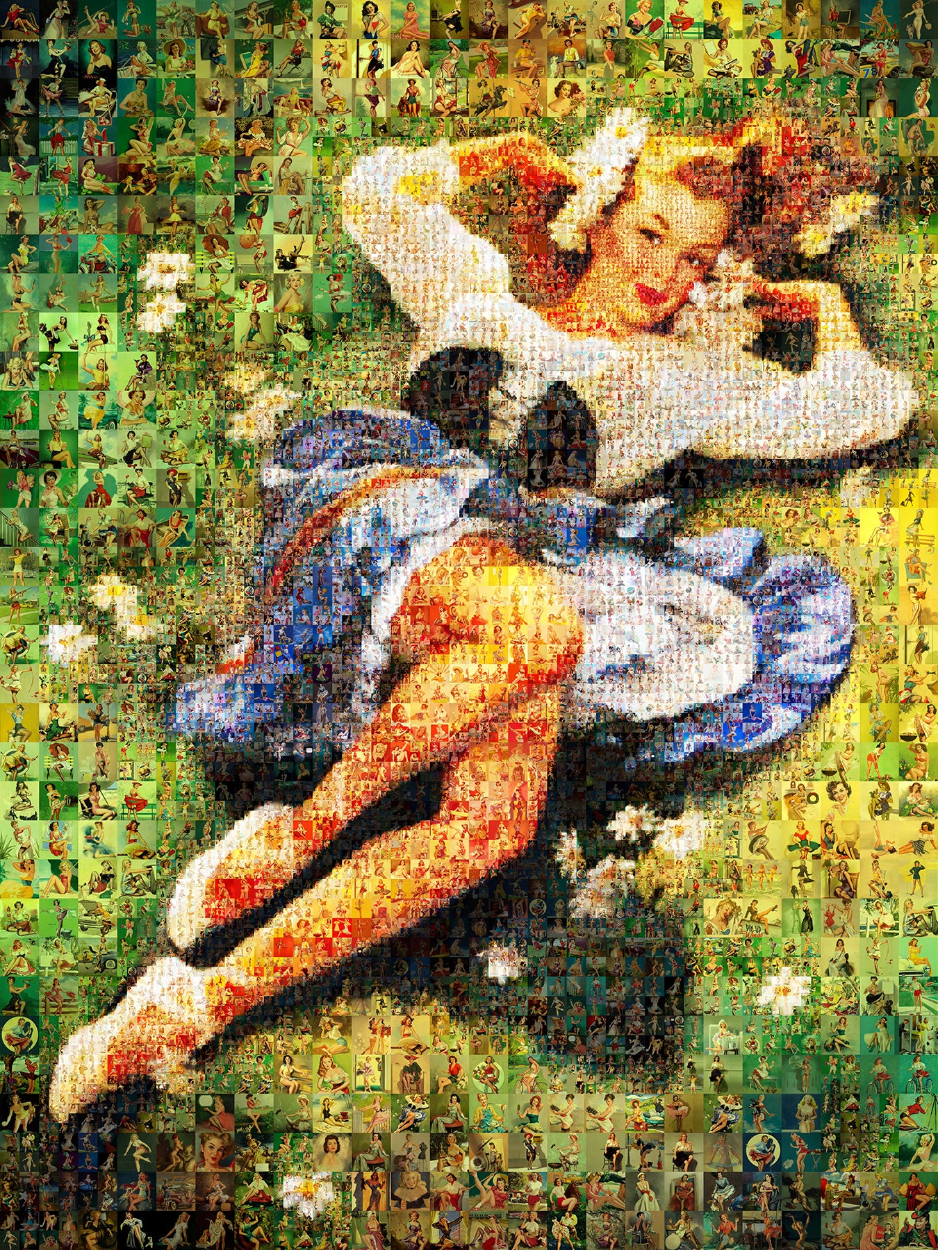Vibrant Mosaic Artwork of Vintage Pin-Up Girls - Unique Wall Art for Retro Lovers