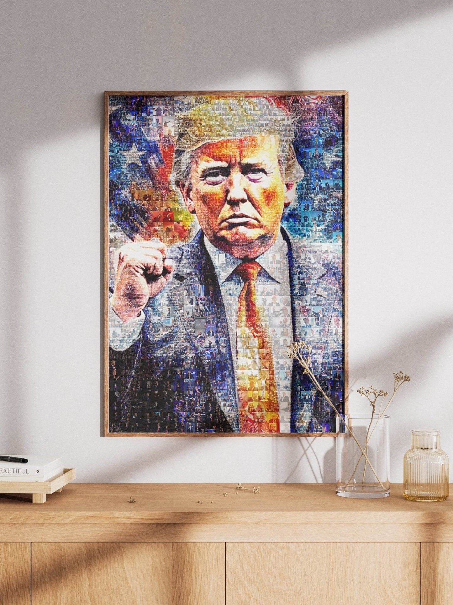 Donald Trump with Raised Fist – Mosaic Art of Strength and Victory - AtelierMosaics