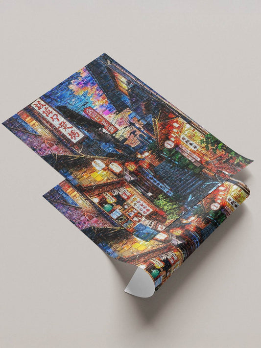Tokyo night alley Japanese street mosaic canvas - Japanese cityscape wall art