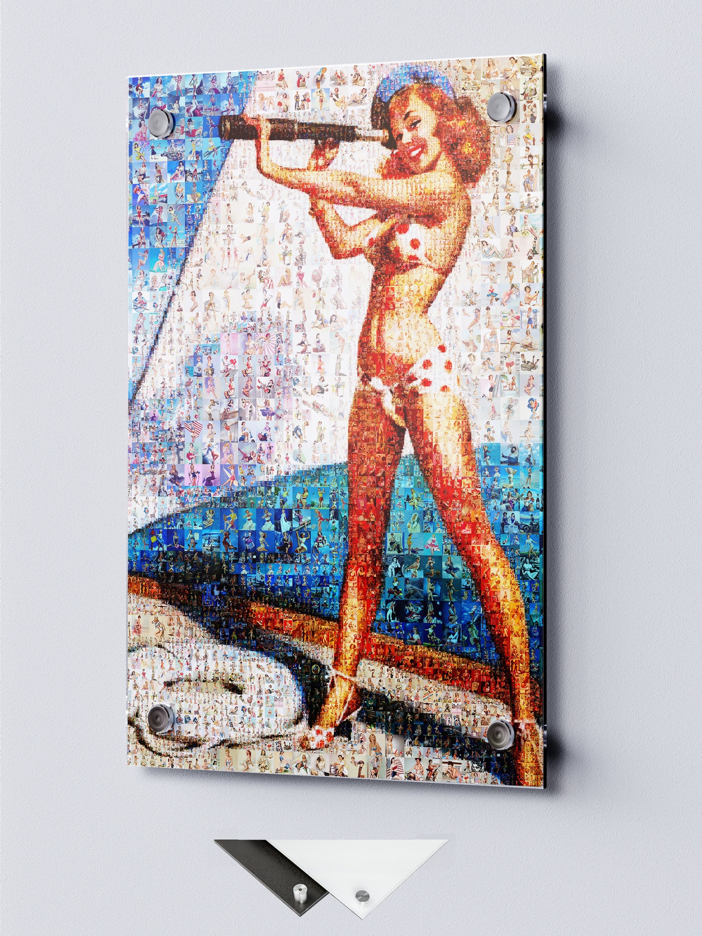 Nautical Pin-Up Mosaic Poster – Retro Girl with Telescope in Bikini, Vintage Wall Art Made from Pin-Up Illustrations