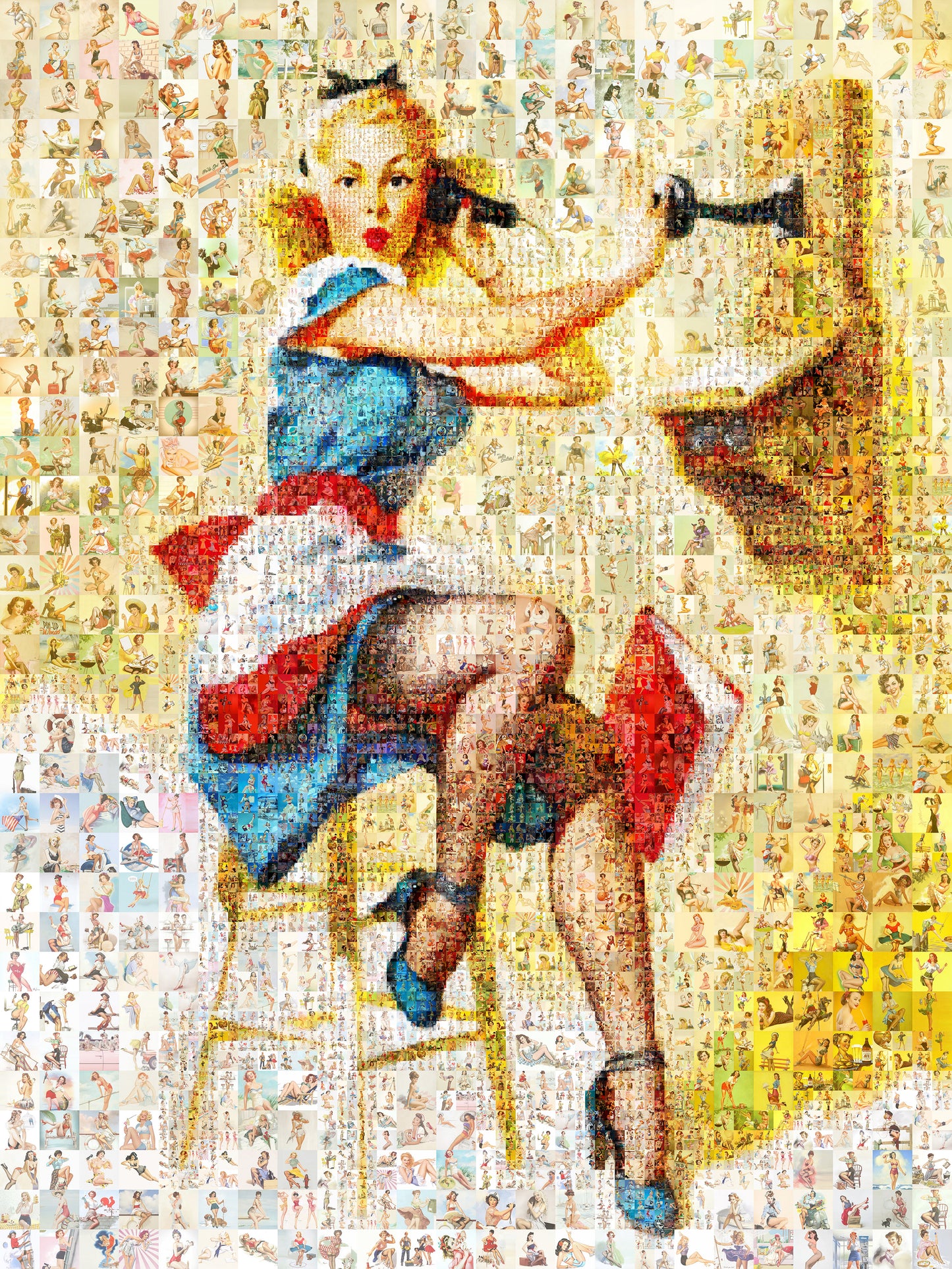 Vintage Pin-Up Mosaic Poster – Retro Girl on Telephone, Classic Wall Art Made from Pin-Up Illustrations