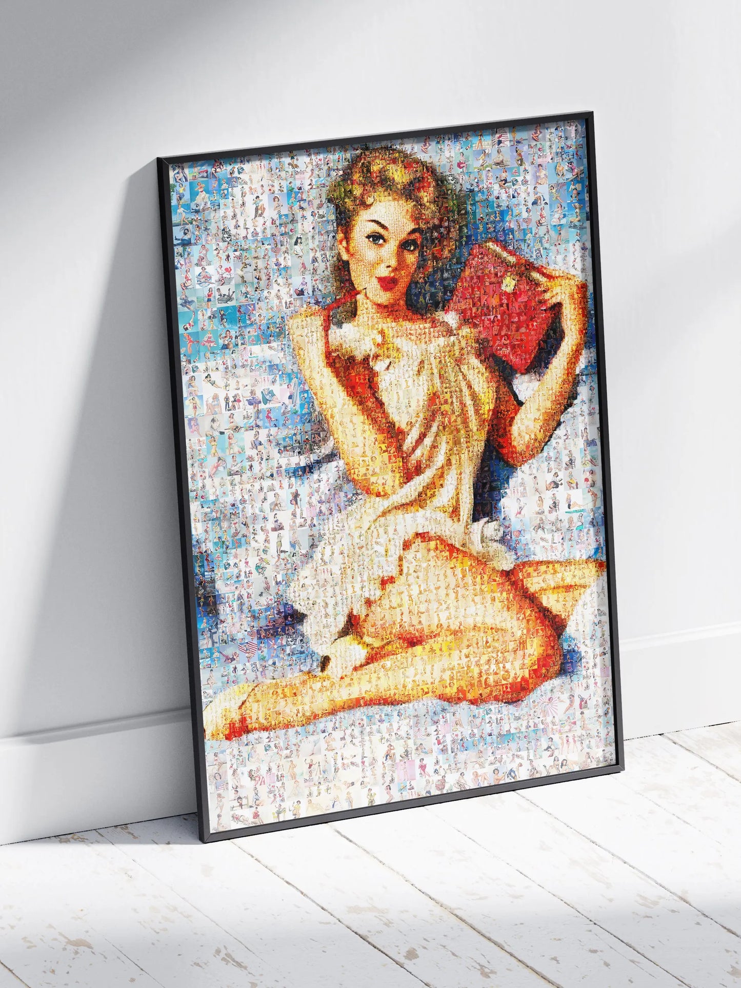 Romantic Pin-Up Mosaic Poster – Vintage Girl Reading Book, Retro Wall Art Made from Classic Pin-Up Illustrations AtelierMosaics
