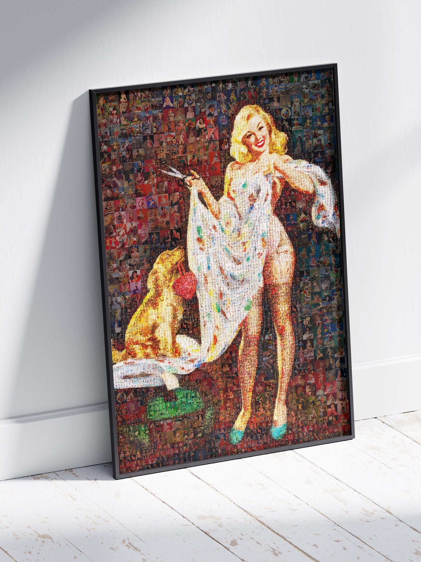 Playful Pin-Up Mosaic Poster – Retro Girl with Dog, Vintage Wall Art Made from Classic Pin-Up Illustrations