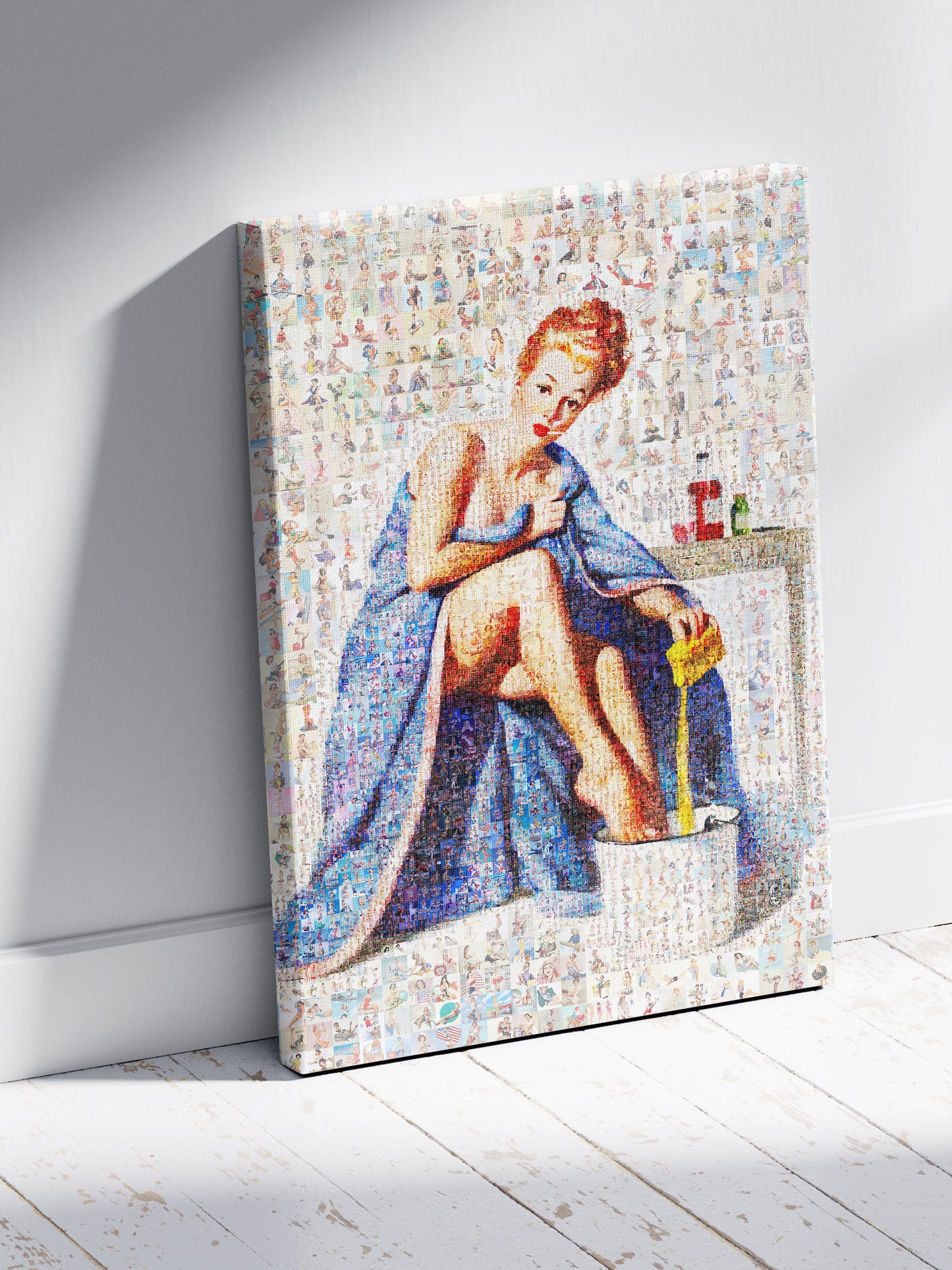 Glamorous Pin-Up Mosaic Poster – Retro Girl in Sheer Robe, Vintage Wall Art Made from Classic Pin-Up Illustrations