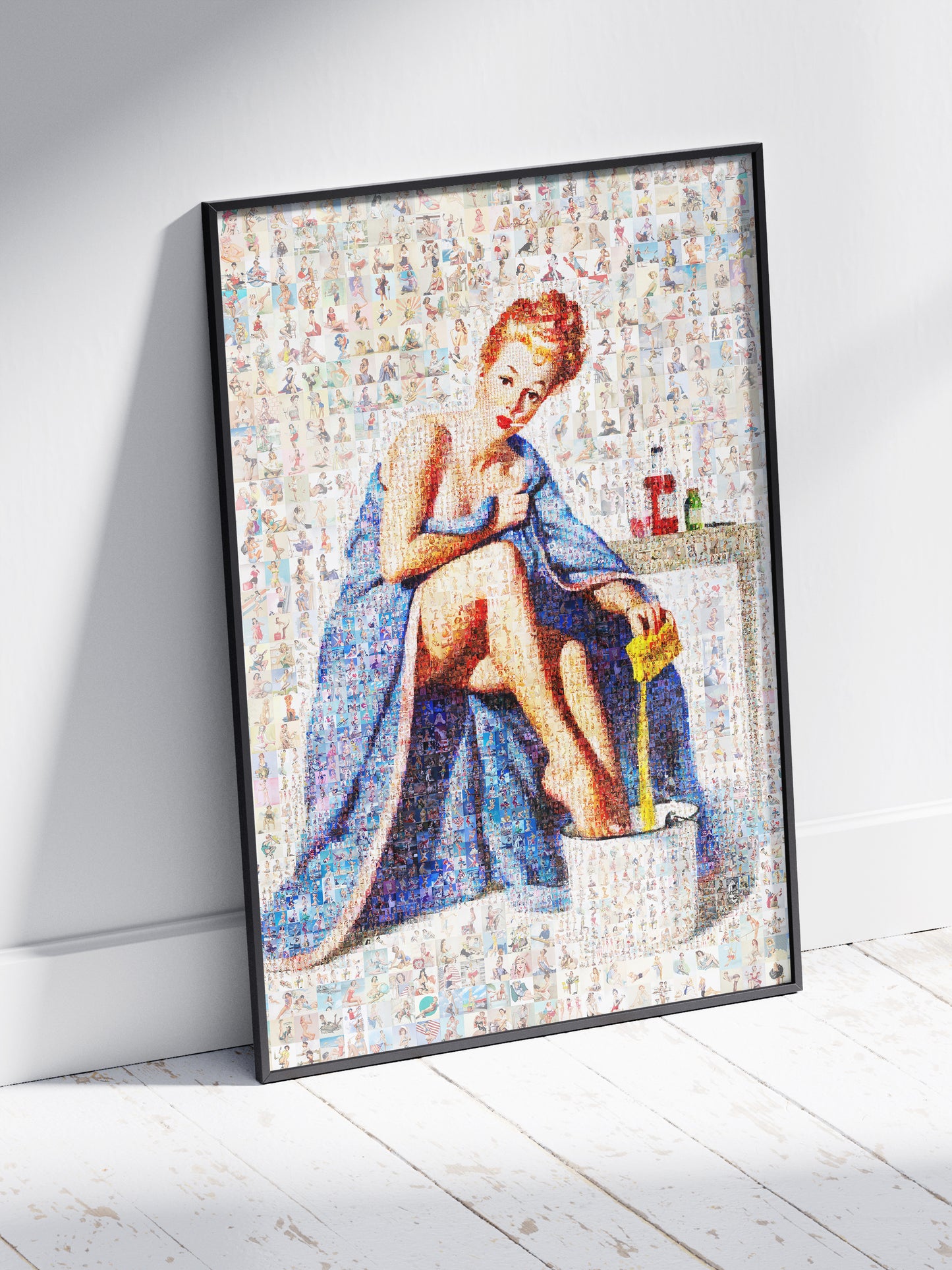 Elegant Pin-Up Mosaic Poster – Retro Girl Bath Scene, Vintage Wall Art Made from Classic Pin-Up Illustrations