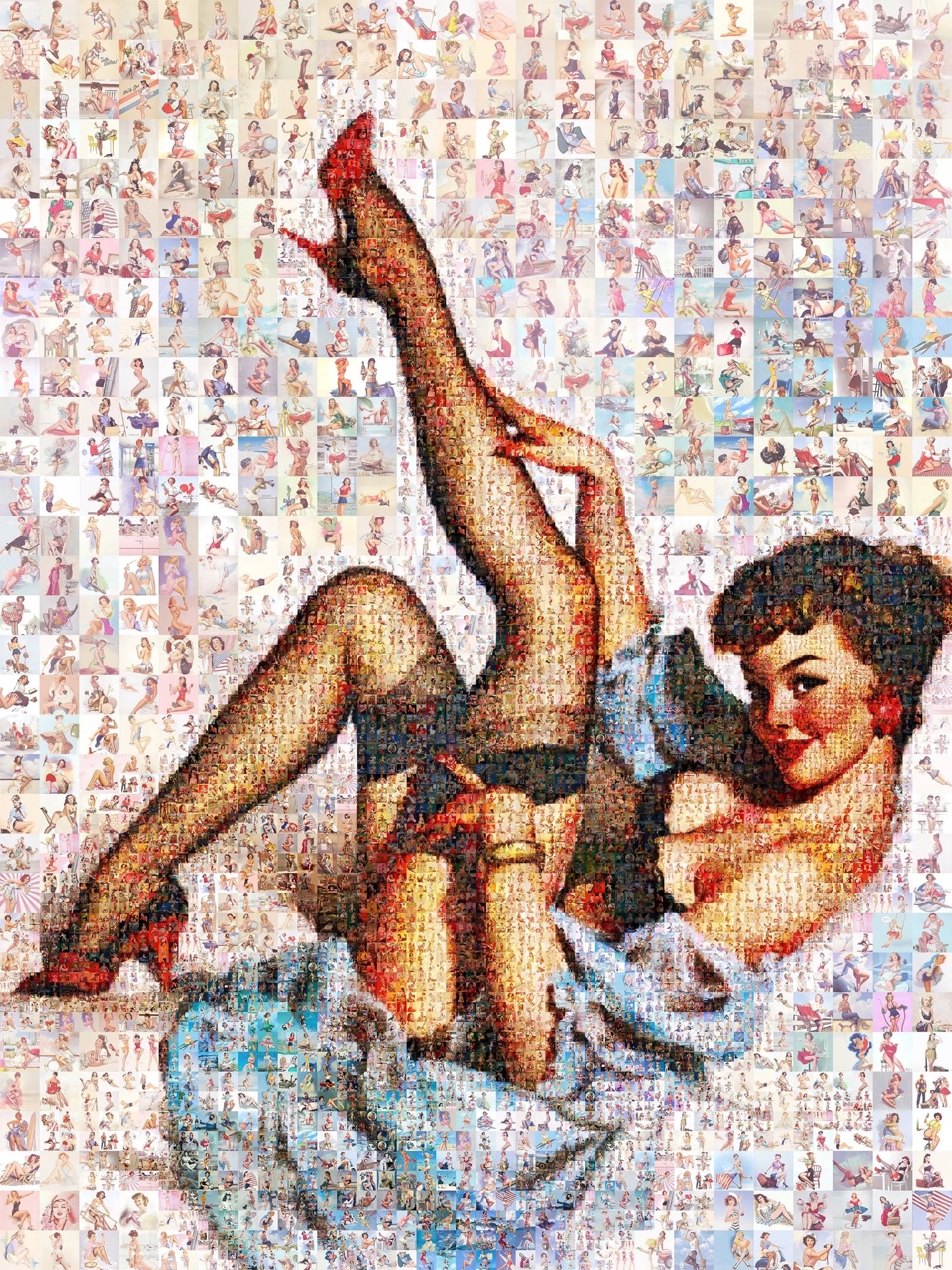 Playful Pin-Up Mosaic Poster – Retro Girl in Stockings and Red Heels, Vintage Wall Art Made from Classic Pin-Up Illustrations AtelierMosaics