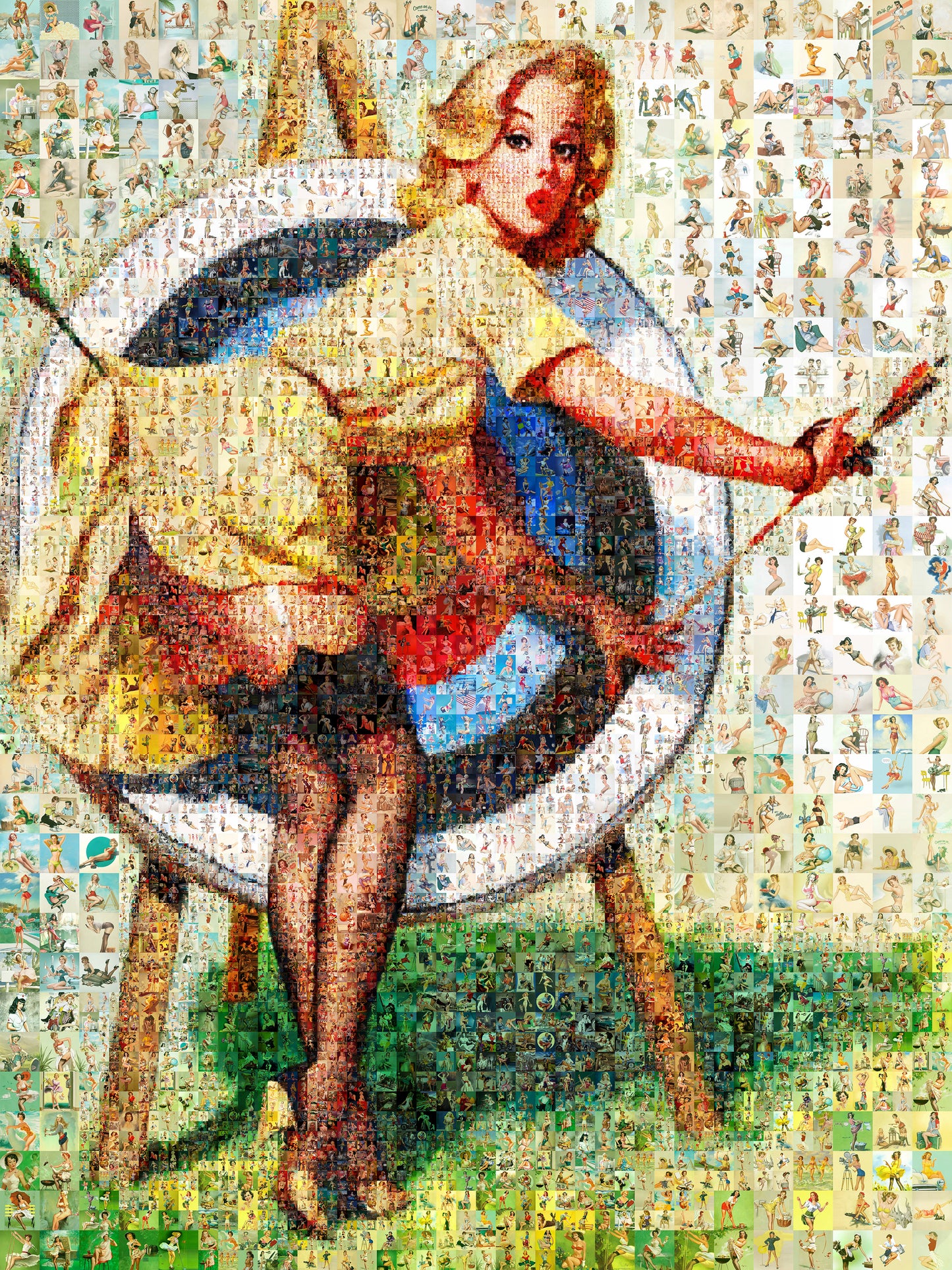 Pin-Up Girl Mosaic Poster – Retro Archery Wall Art Made from Vintage Illustrations, Unique Gift for Retro Lovers