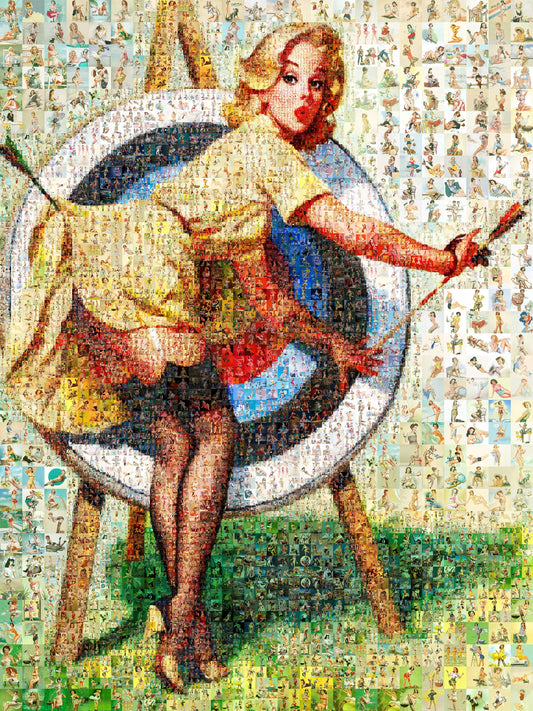 Pin-Up Girl Mosaic Poster – Retro Archery Wall Art Made from Vintage Illustrations, Unique Gift for Retro Lovers AtelierMosaics