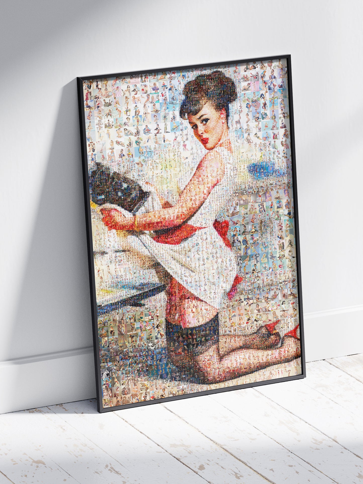 Kitchen Pin-Up Mosaic Poster – Retro Girl in Apron, Vintage Wall Art Made from Classic Pin-Up Illustrations