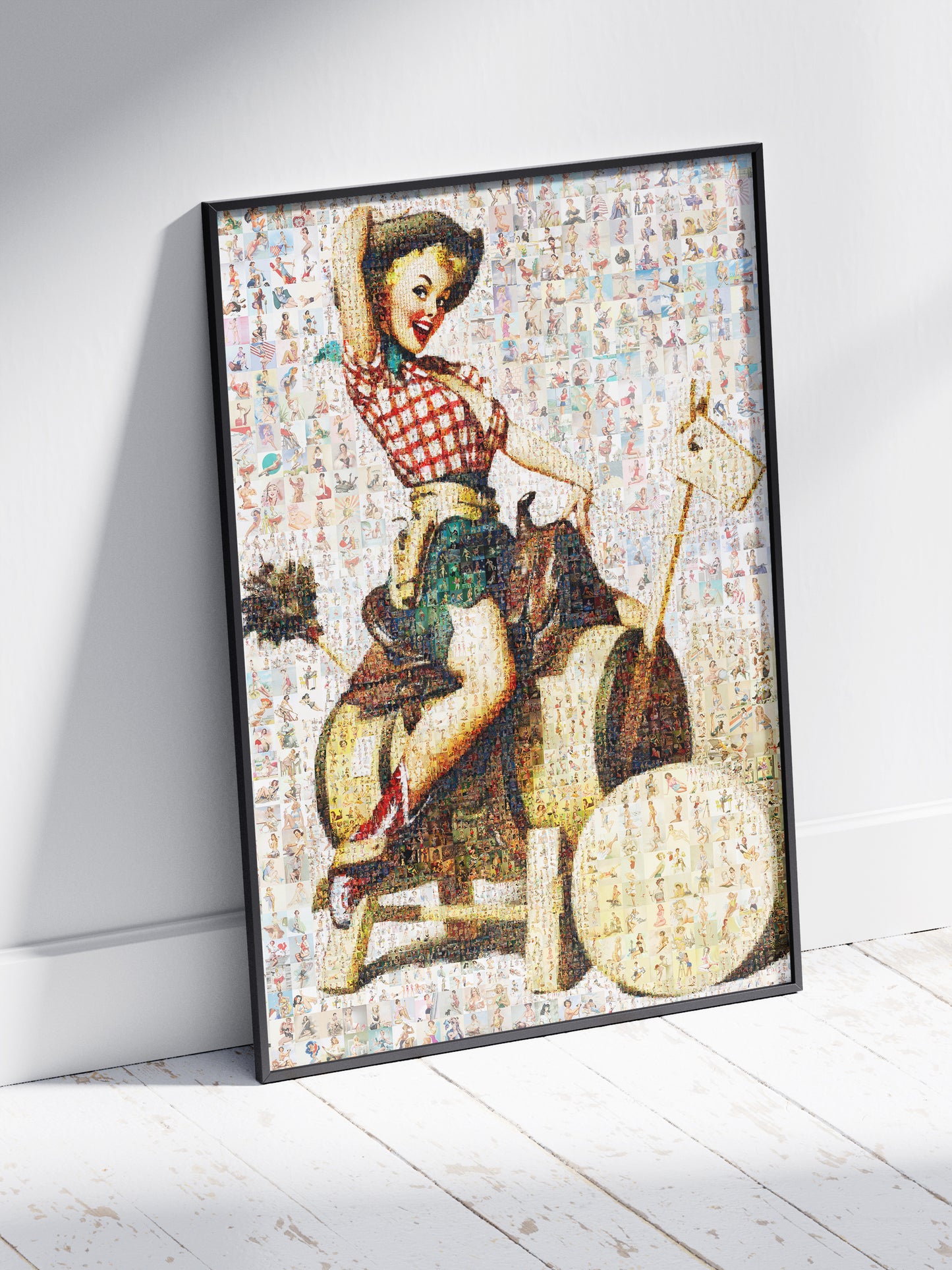 Cowgirl Pin-Up Mosaic Poster – Retro Western Girl, Vintage Wall Art Made from Classic Pin-Up Illustrations