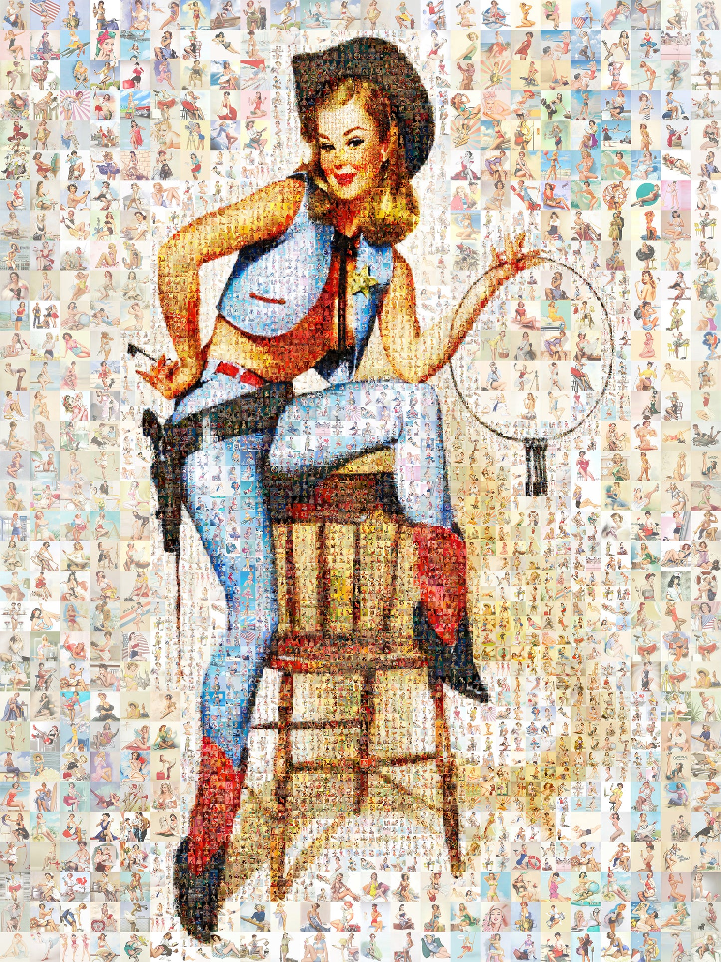 Cowgirl Sheriff Pin-Up Mosaic Poster – Retro Western Girl with Lasso, Vintage Wall Art Made from Classic Pin-Up Illustrations