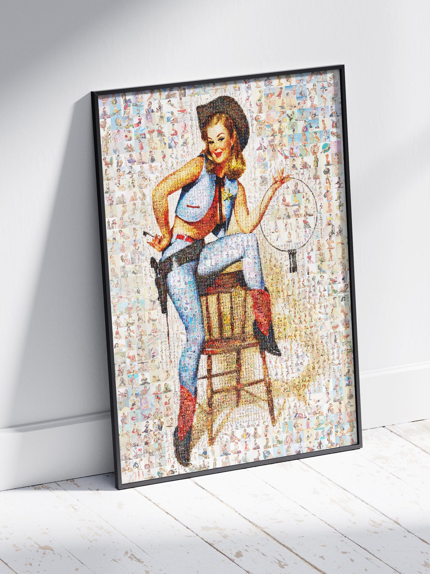 Cowgirl Sheriff Pin-Up Mosaic Poster – Retro Western Girl with Lasso, Vintage Wall Art Made from Classic Pin-Up Illustrations