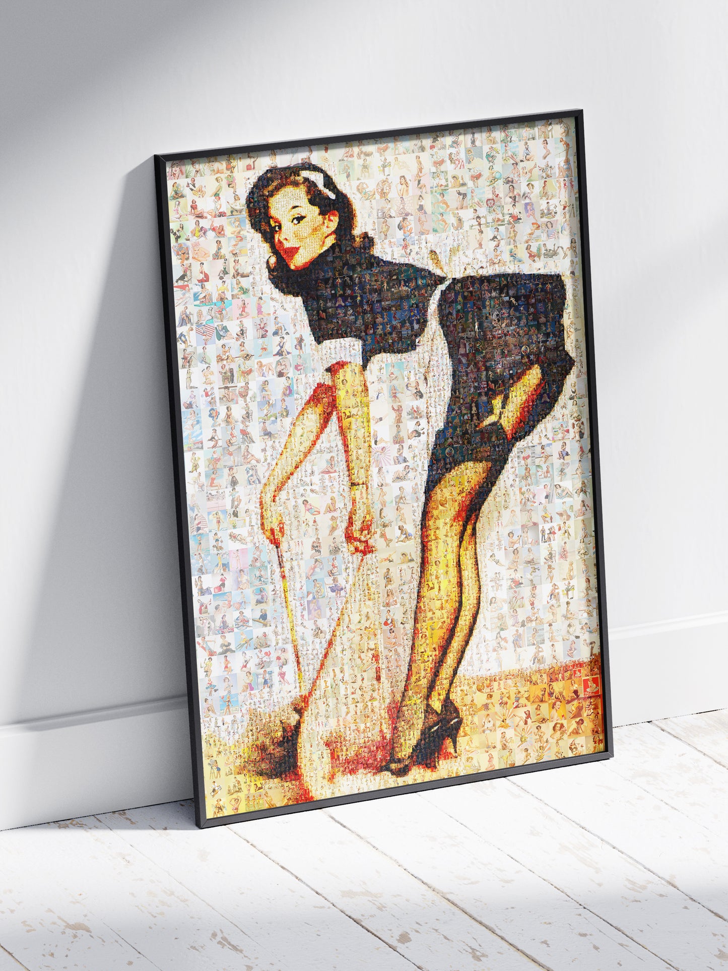 French Maid Pin-Up Mosaic Poster – Retro Girl in Uniform, Vintage Wall Art Made from Classic Pin-Up Illustrations