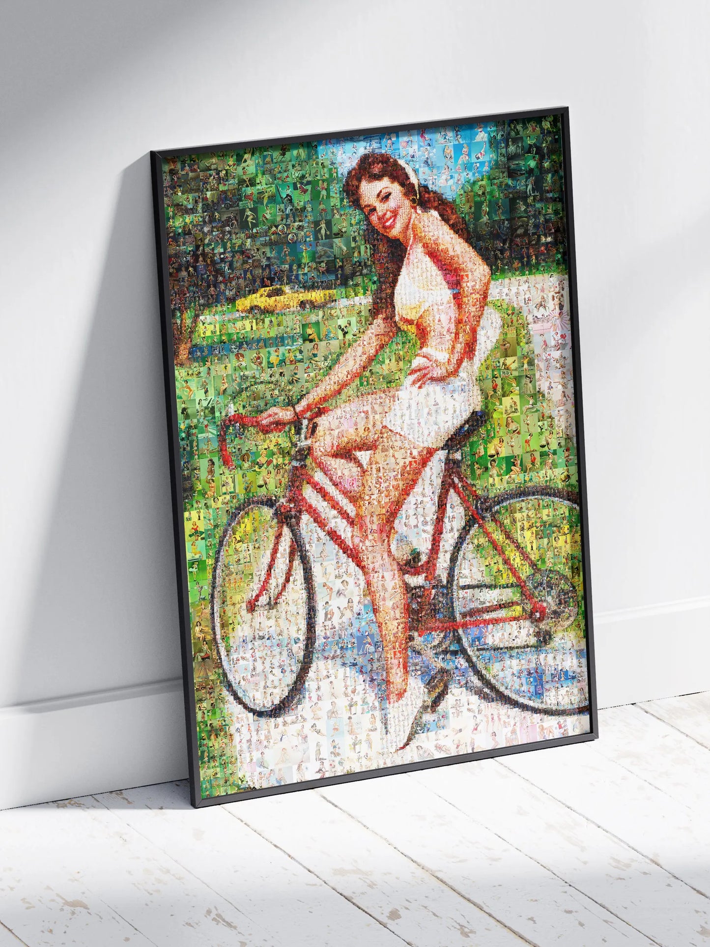 Cycling Pin-Up Mosaic Poster – Retro Girl on Red Bicycle, Vintage Wall Art Made from Classic Pin-Up Illustrations AtelierMosaics