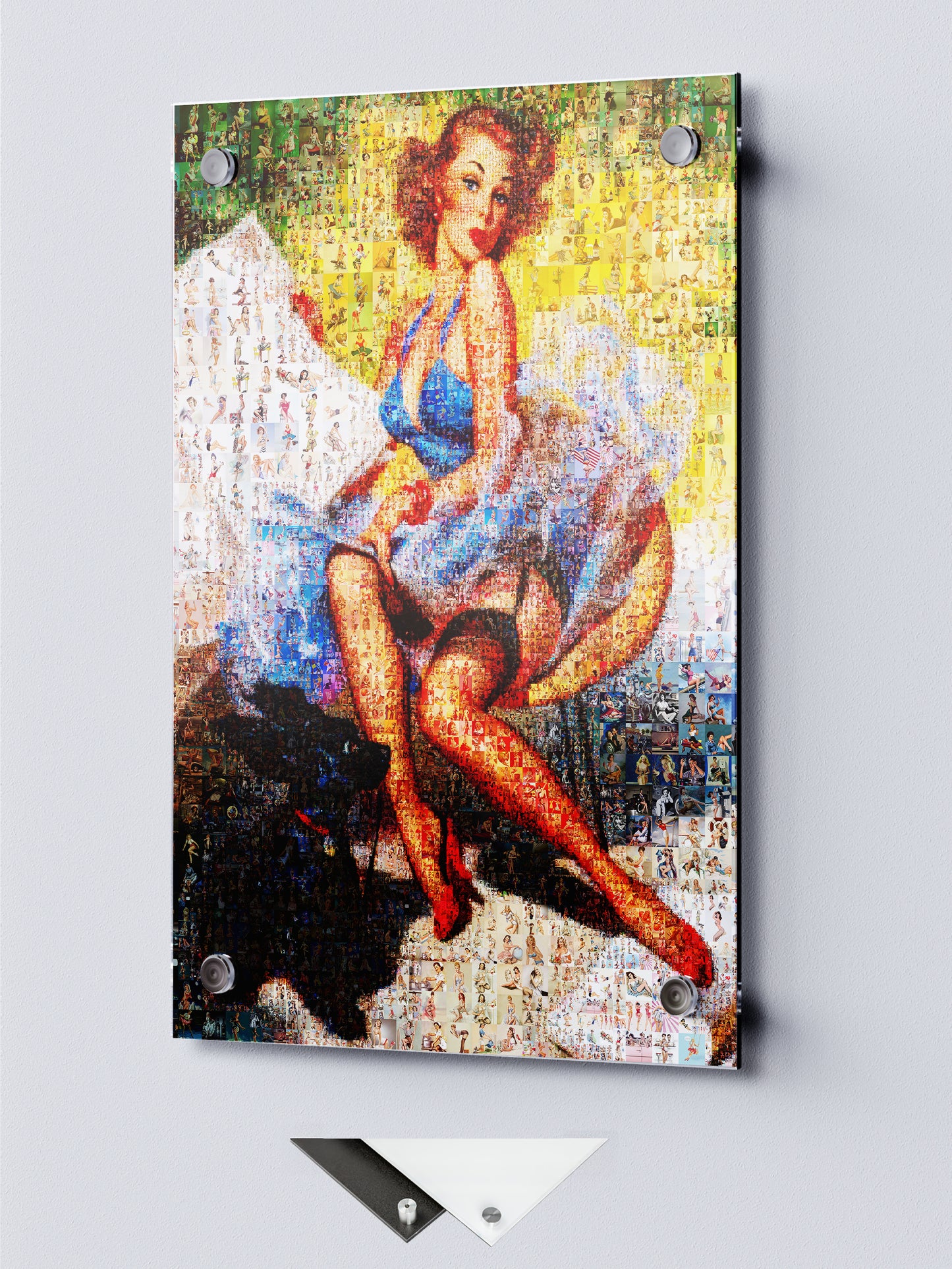 Charming Pin-Up Mosaic Poster – Retro Girl in Blue Dress, Vintage Wall Art Made from Classic Pin-Up Illustrations