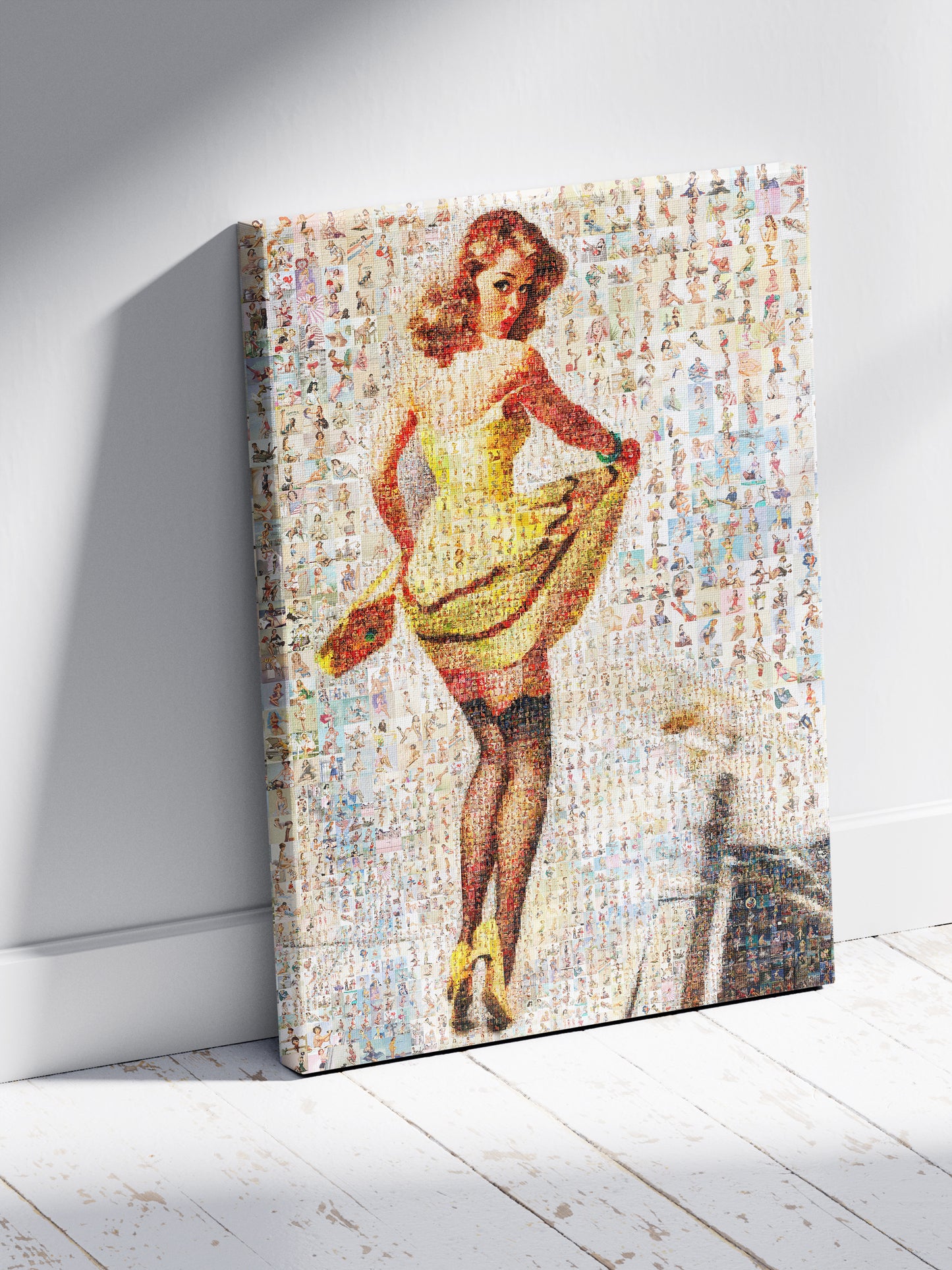 Yellow Dress Pin-Up Mosaic Poster – Retro Girl, Vintage Wall Art Made from Classic Pin-Up Illustrations
