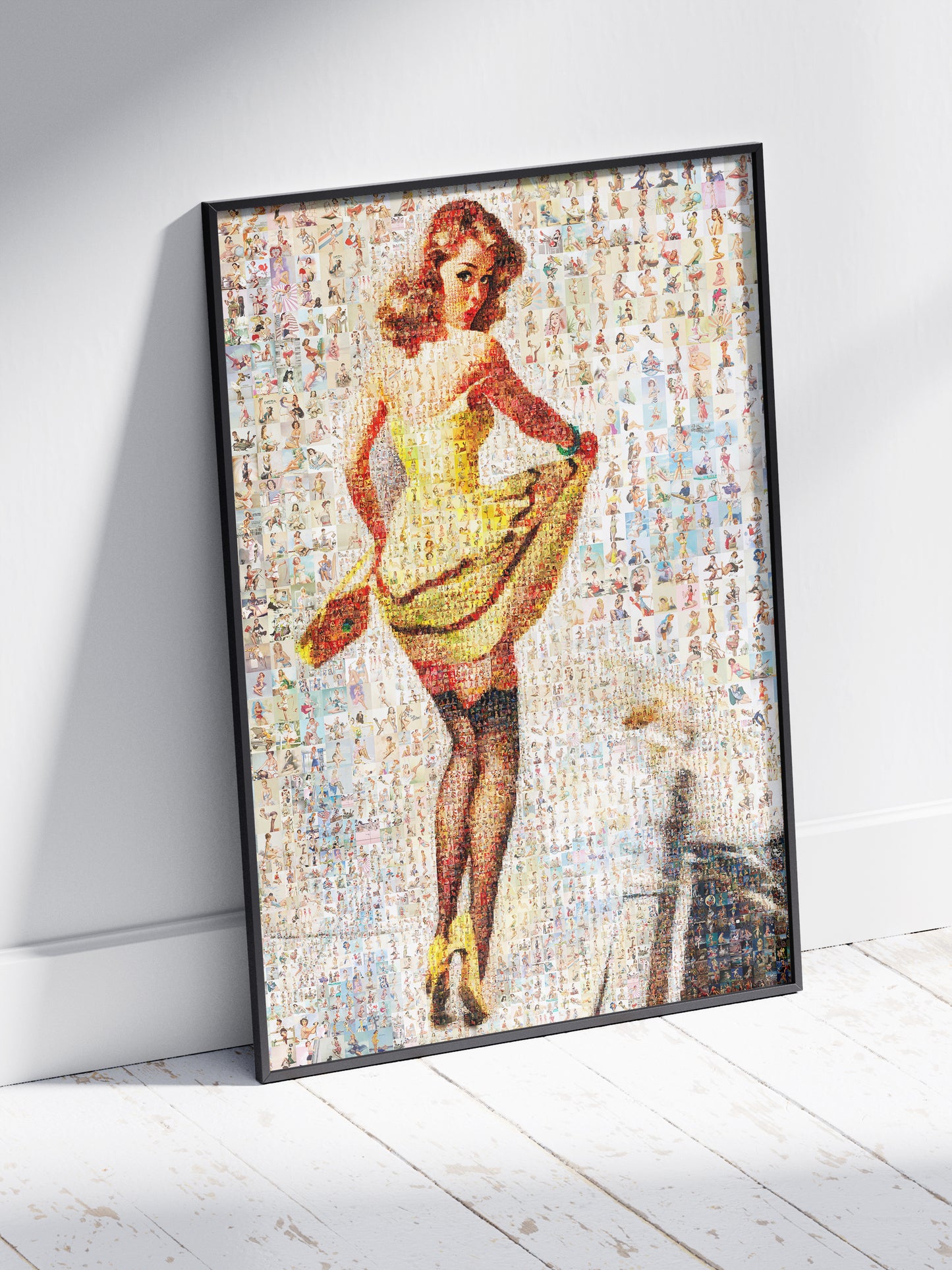 Yellow Dress Pin-Up Mosaic Poster – Retro Girl, Vintage Wall Art Made from Classic Pin-Up Illustrations