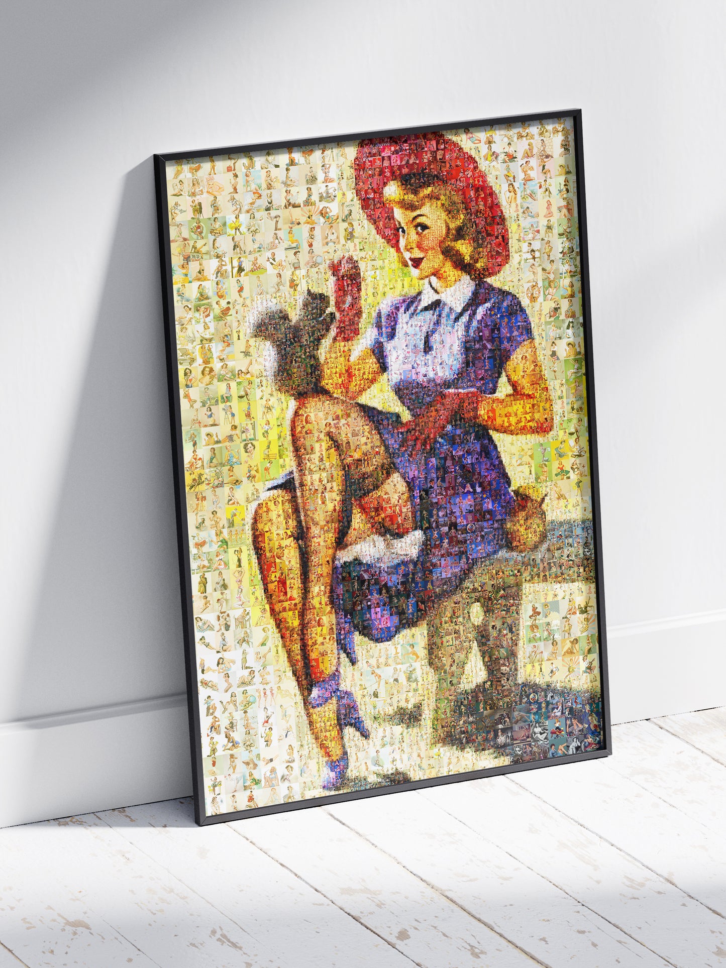 Charming Pin-Up Mosaic Poster – Retro Girl with Squirrel, Vintage Wall Art Made from Classic Pin-Up Illustrations