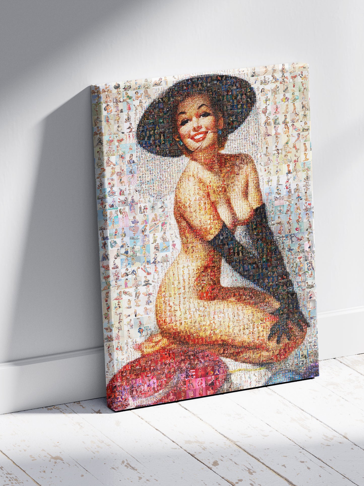 Elegant Pin-Up Mosaic Poster – Retro Girl in Black Hat and Gloves, Vintage Wall Art from Pin-Up Illustrations