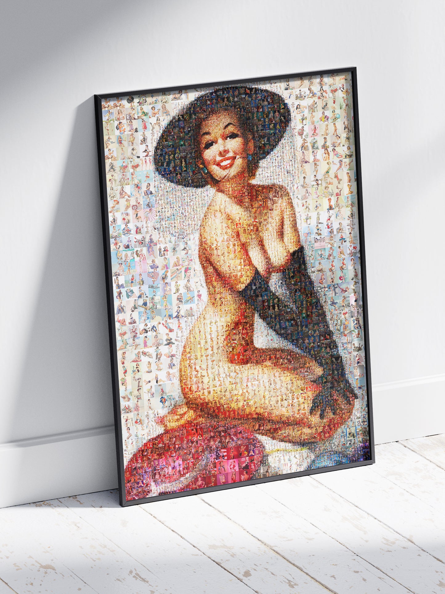Elegant Pin-Up Mosaic Poster – Retro Girl in Black Hat and Gloves, Vintage Wall Art from Pin-Up Illustrations