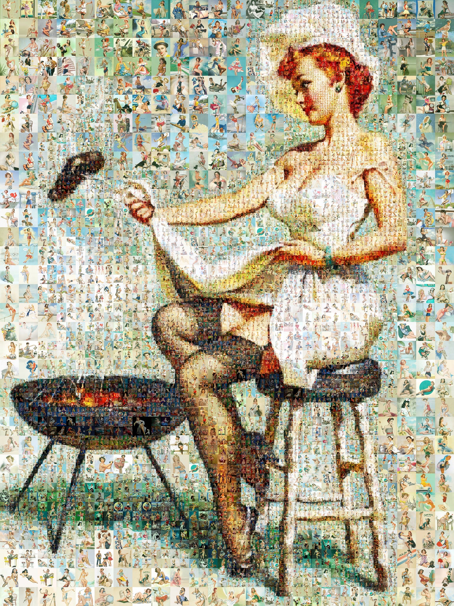 Retro BBQ Pin-Up Mosaic Poster – Vintage Girl Cooking at Grill, Pin-Up Wall Art