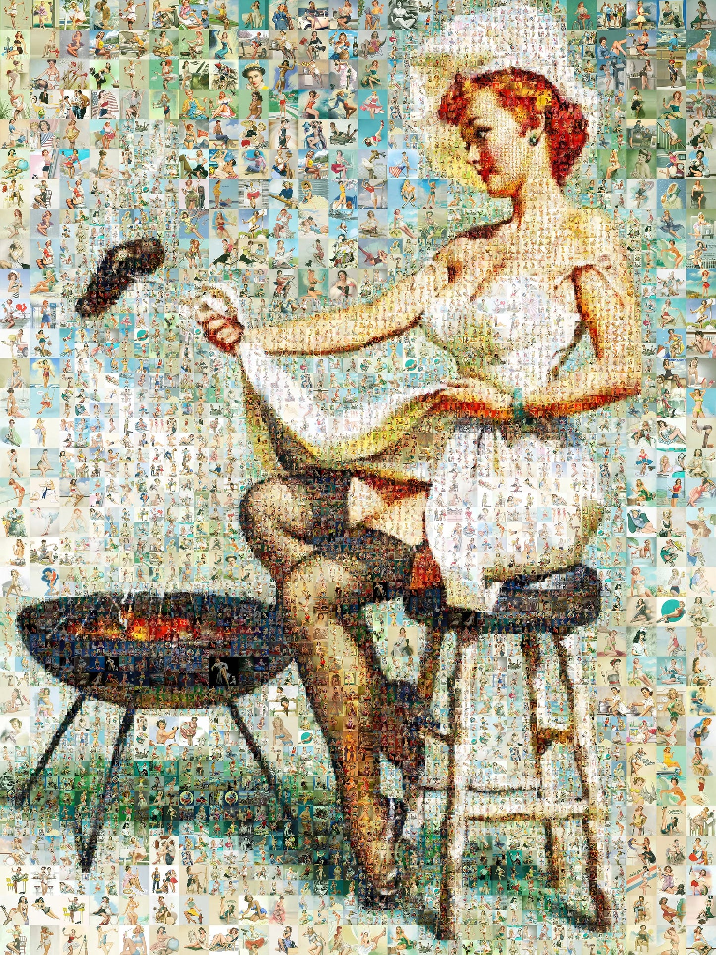 Retro BBQ Pin-Up Mosaic Poster – Vintage Girl Cooking at Grill, Pin-Up Wall Art AtelierMosaics