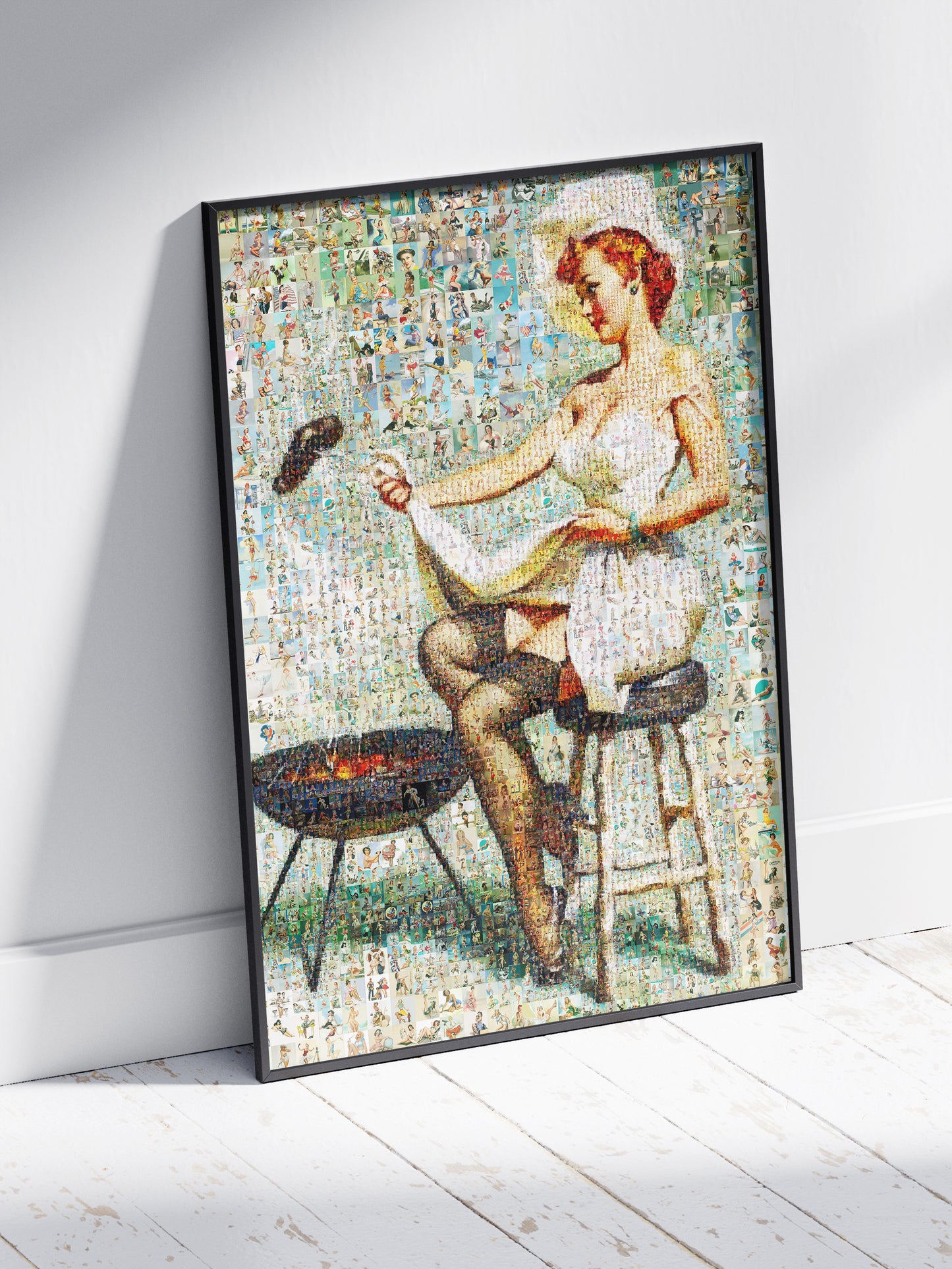 Retro BBQ Pin-Up Mosaic Poster – Vintage Girl Cooking at Grill, Pin-Up Wall Art
