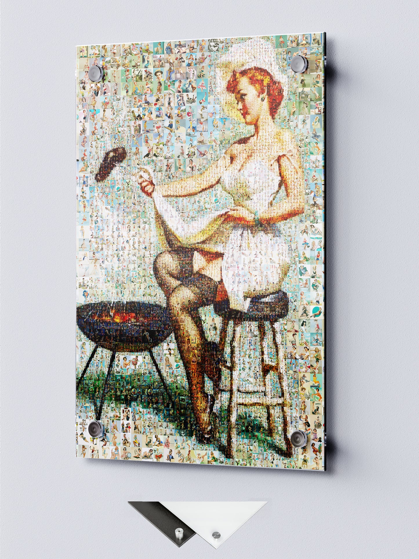 Retro BBQ Pin-Up Mosaic Poster – Vintage Girl Cooking at Grill, Pin-Up Wall Art