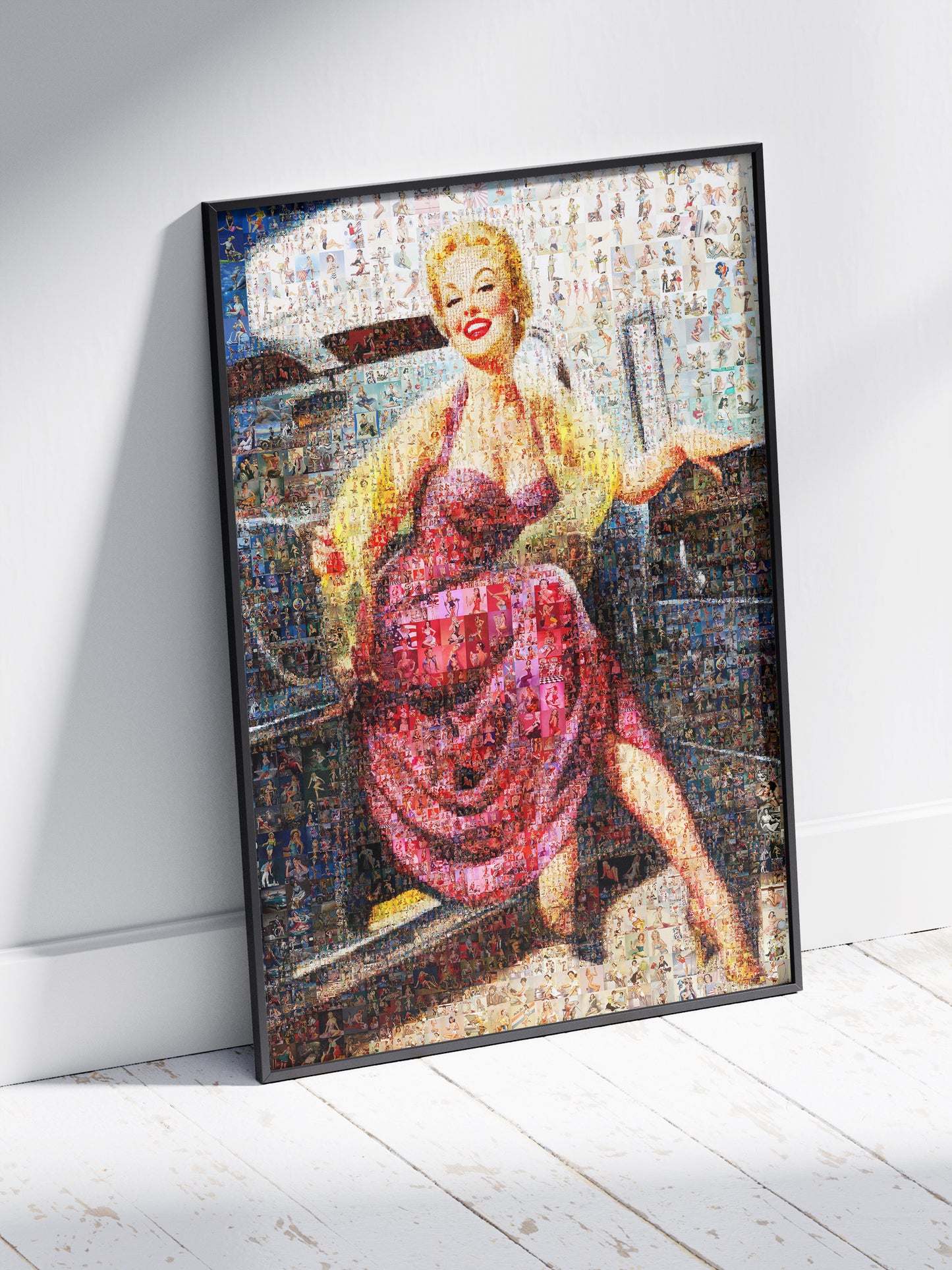Vintage Car Pin-Up Mosaic Poster – Retro Girl in Pink Dress, Glamorous Wall Art