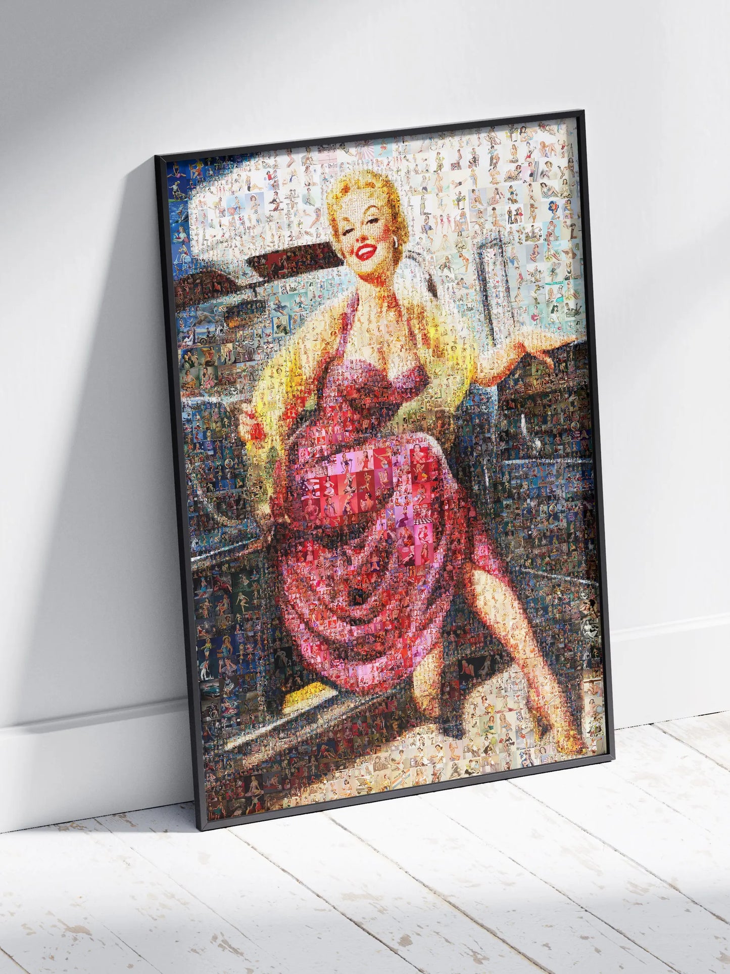 Vintage Car Pin-Up Mosaic Poster – Retro Girl in Pink Dress, Glamorous Wall Art AtelierMosaics