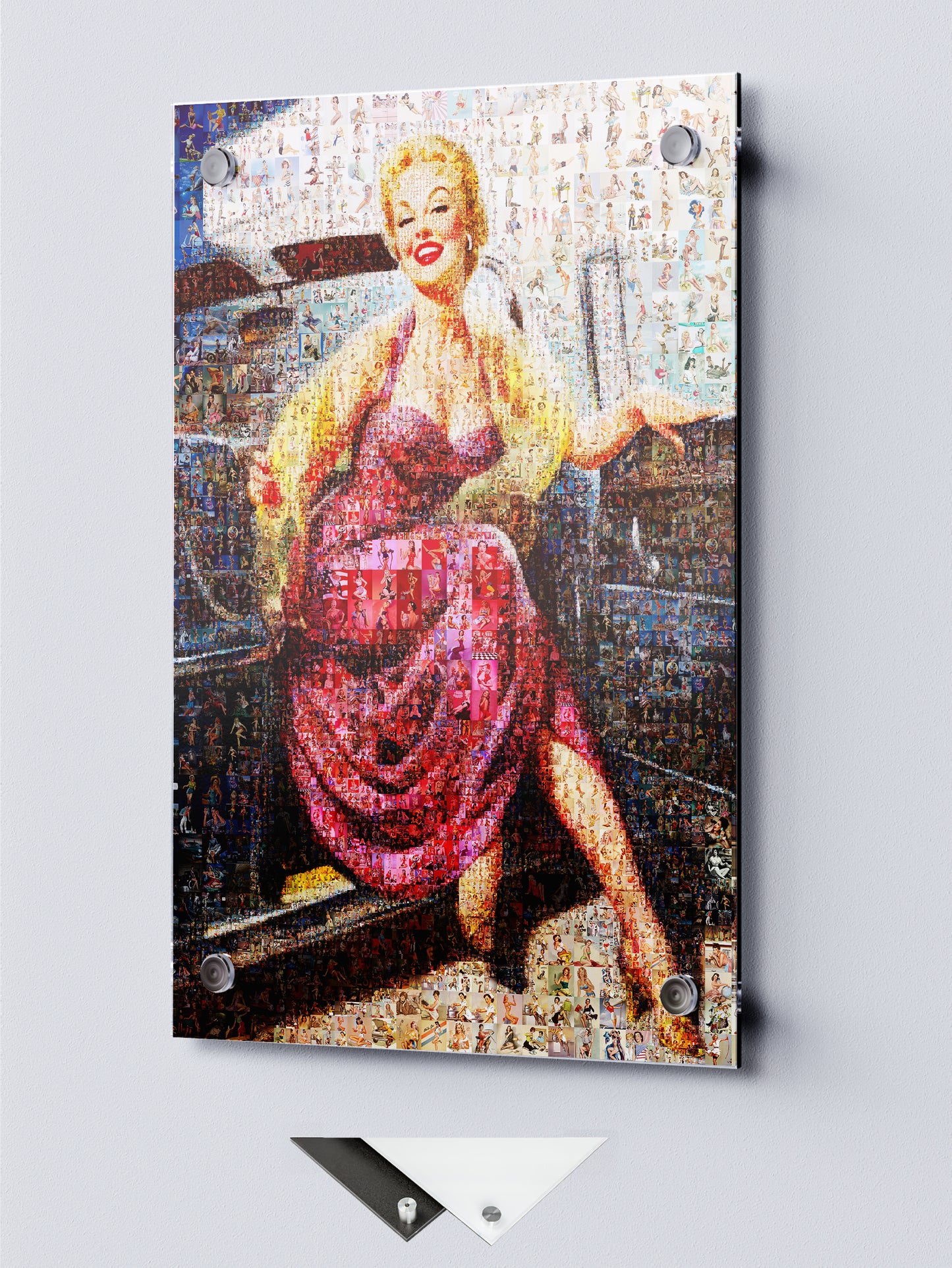 Vintage Car Pin-Up Mosaic Poster – Retro Girl in Pink Dress, Glamorous Wall Art