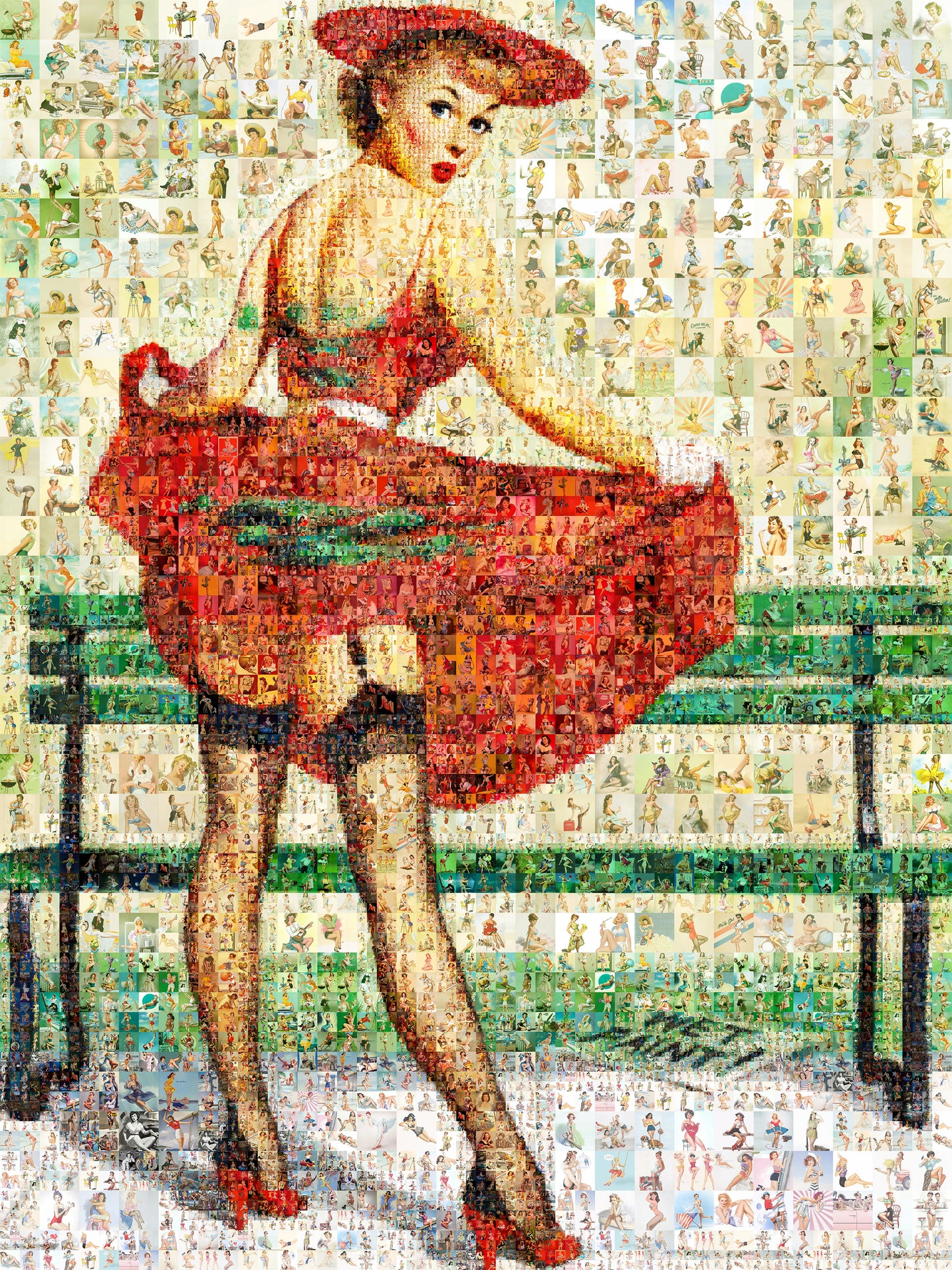 Flirty Red Dress Pin-Up Mosaic Poster – Vintage Retro Art Print