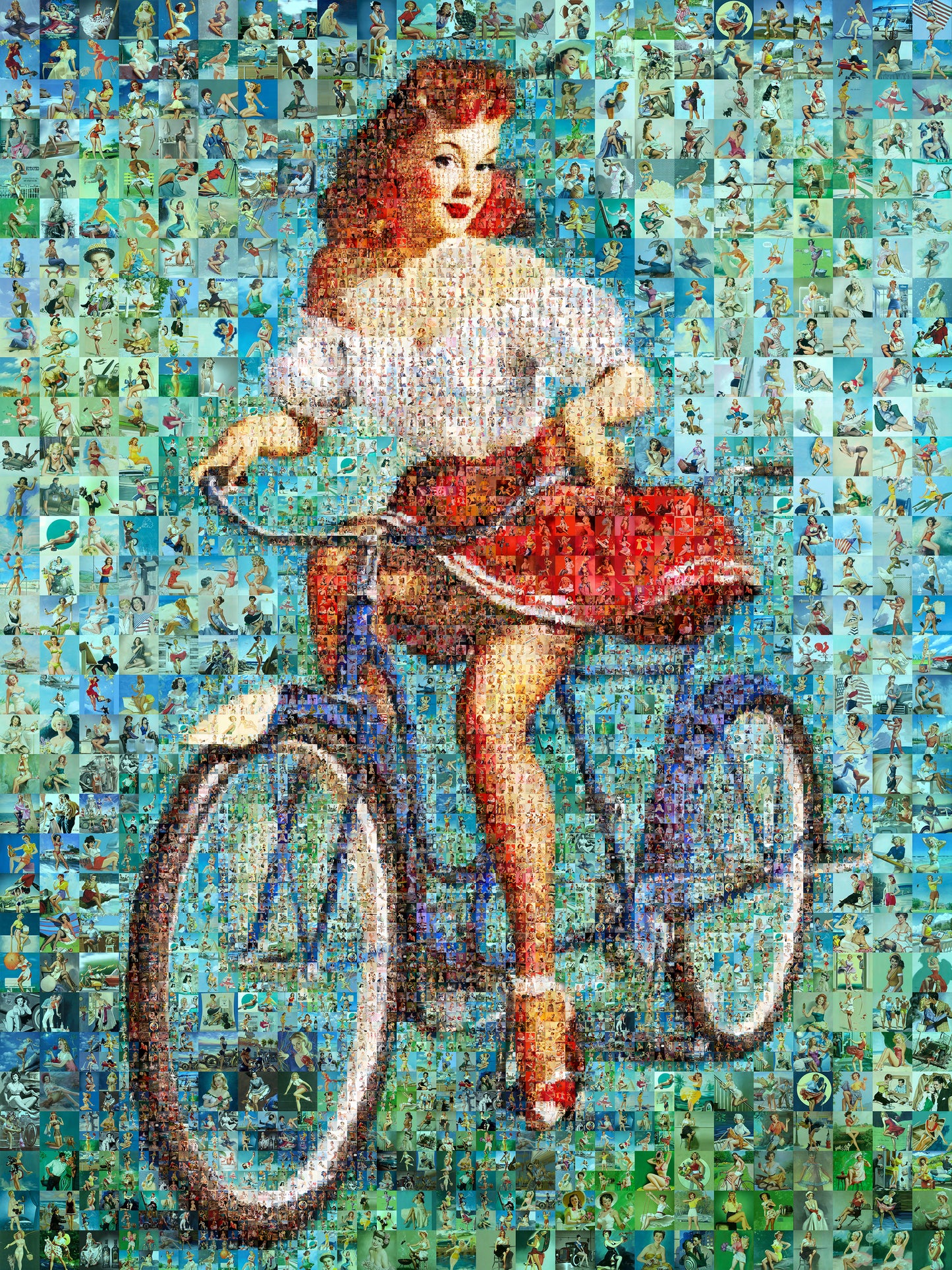 Pin-Up Girl on Bicycle Mosaic Poster – Vintage Retro Cycling Art Print