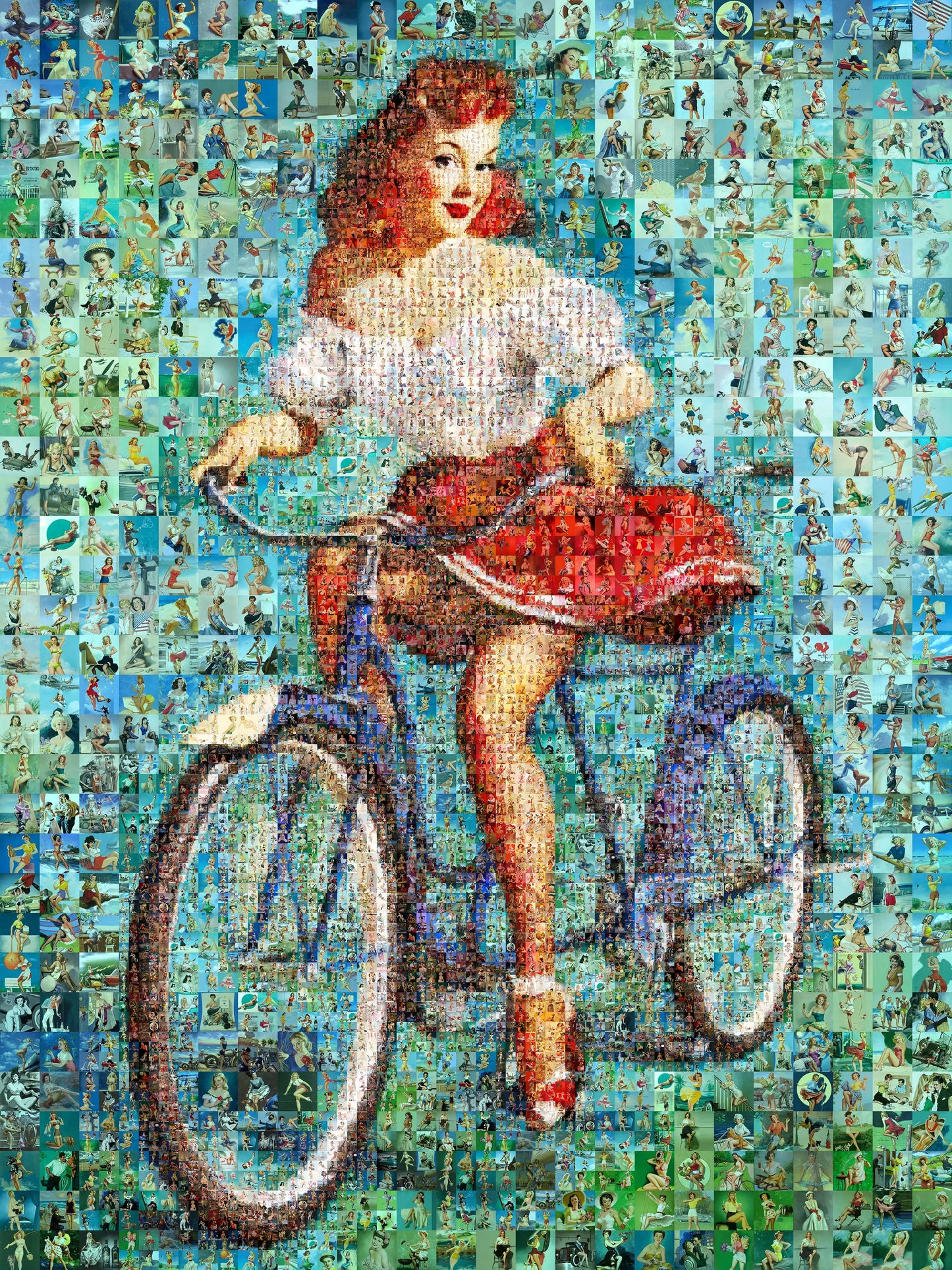 Pin-Up Girl on Bicycle Mosaic Poster – Vintage Retro Cycling Art Print AtelierMosaics