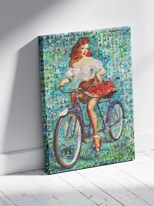 Pin-Up Girl on Bicycle Mosaic Poster – Vintage Retro Cycling Art Print AtelierMosaics