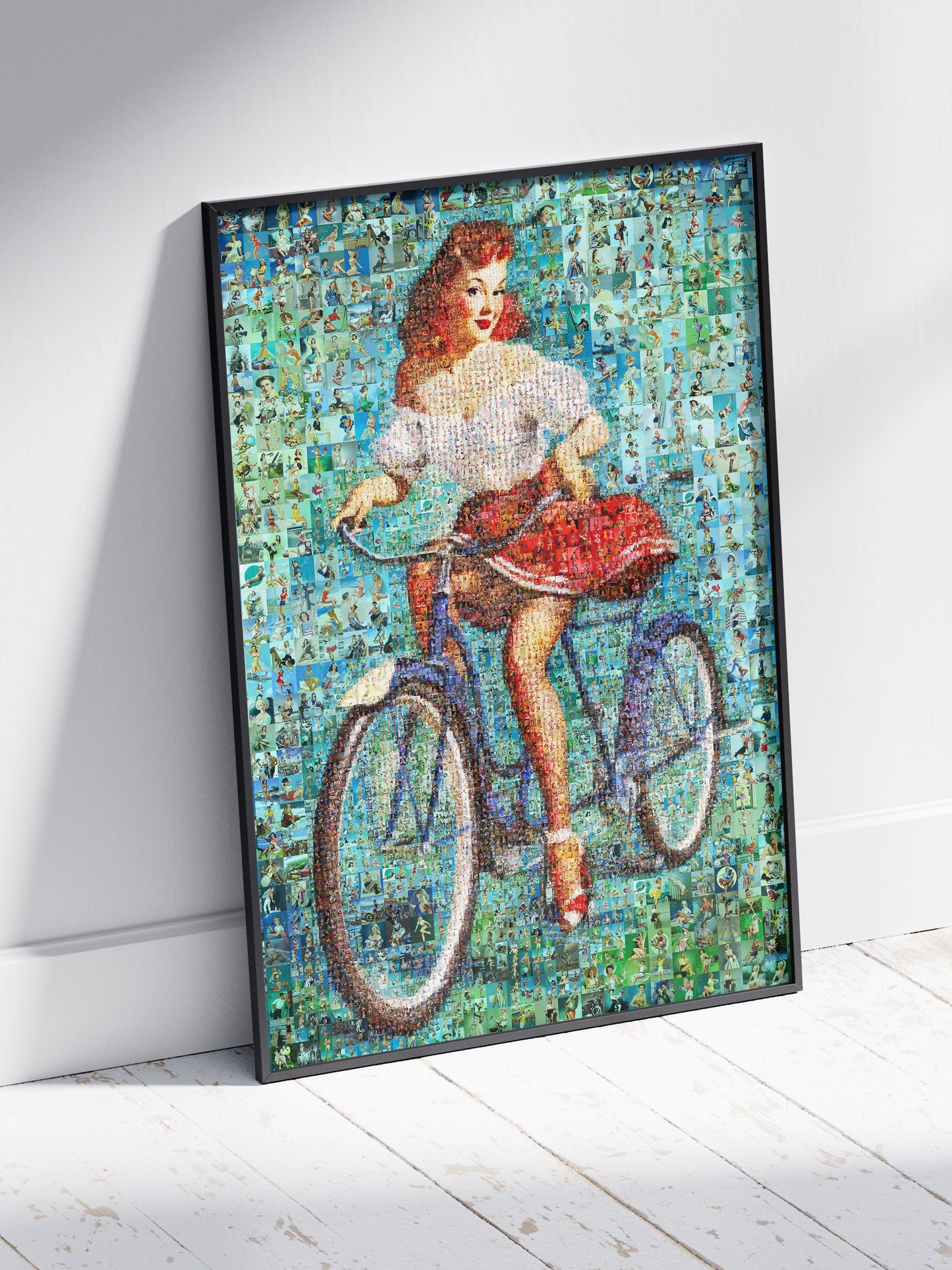 Pin-Up Girl on Bicycle Mosaic Poster – Vintage Retro Cycling Art Print